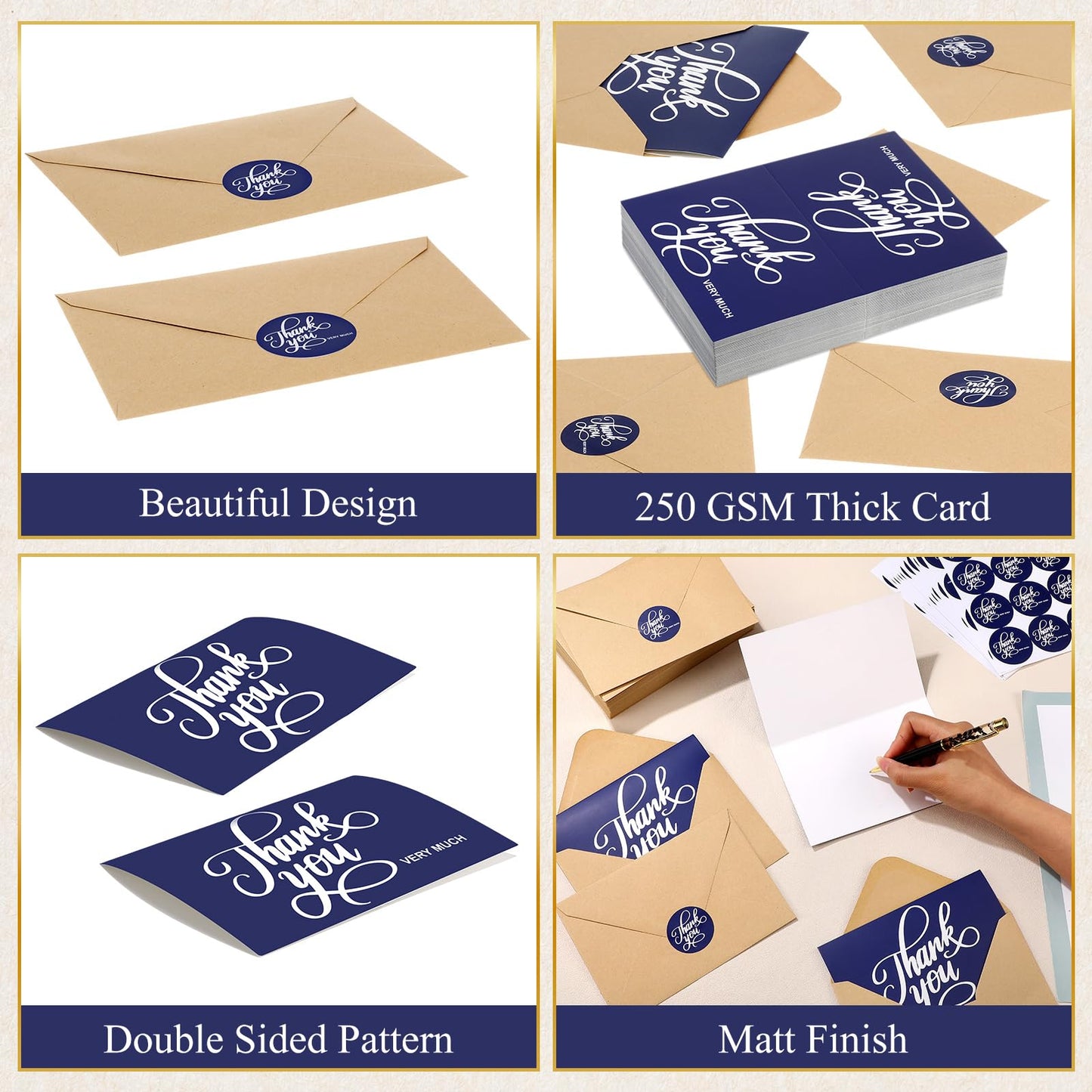 Fulmoon 200 Pack Navy Blue Thank You Cards with Kraft Envelopes Bulk and Stickers 4x6 Blank Thank You Notes for Wedding Small Business Baby Shower Bridal Shower Graduation Funeral(Navy Blue)