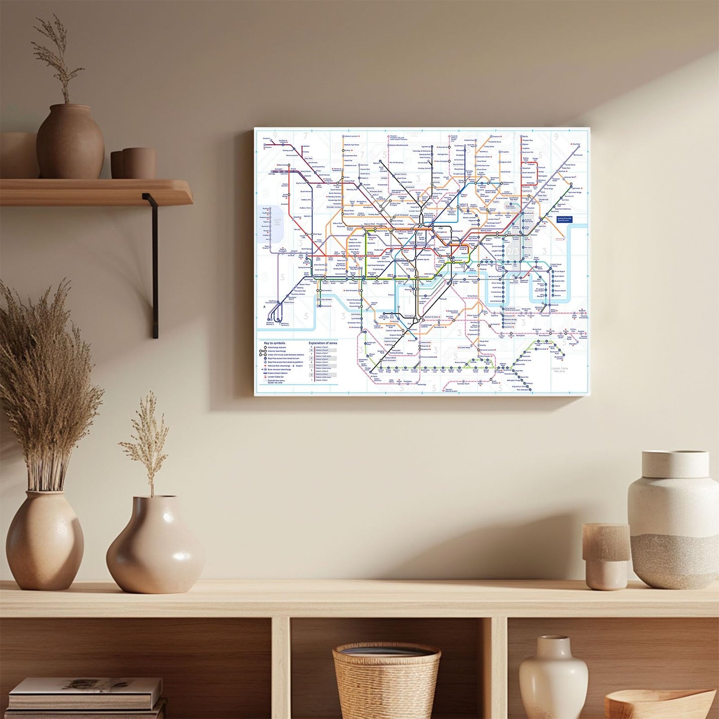 London Underground Map Canvas Wall Art - Modern Tube Subway System Print for Office Living Room Bedroom Decor - Unique British UK Travel Souvenir Gift - Framed Ready to Hang