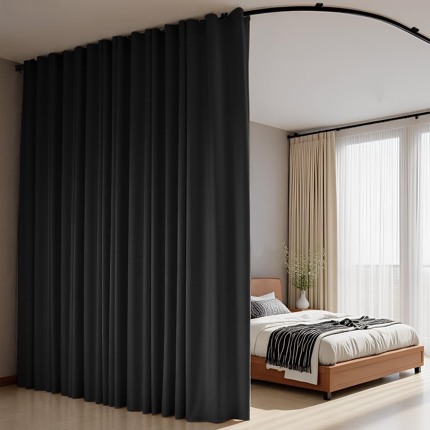 Room Divider Curtains Flexible Ceiling Tracks Set Curtain Track Ceiling Mount Blackout Curtain for Living Room Bedroom Ceiling Curtain Rod Privacy Dividers Panels W100 x H84 Black Drape & Black Rail