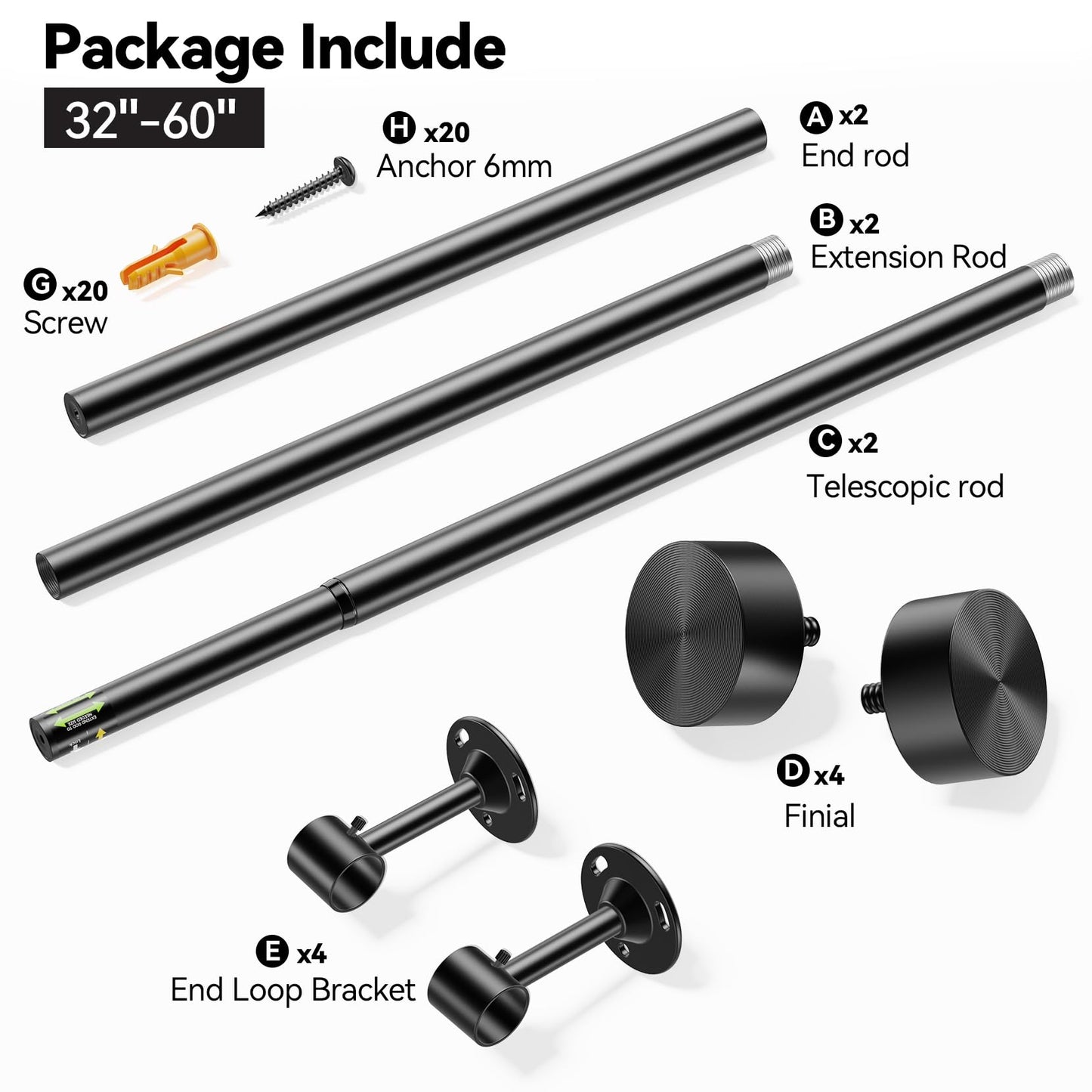 YaFex 2 Pack Heavy Duty Curtain Rods 32-60 Inch, 1 Inch Black Adjustable Curtain Rod for Windows, Short Window Treatment Rods Set with Aluminium Finials, Modern Design