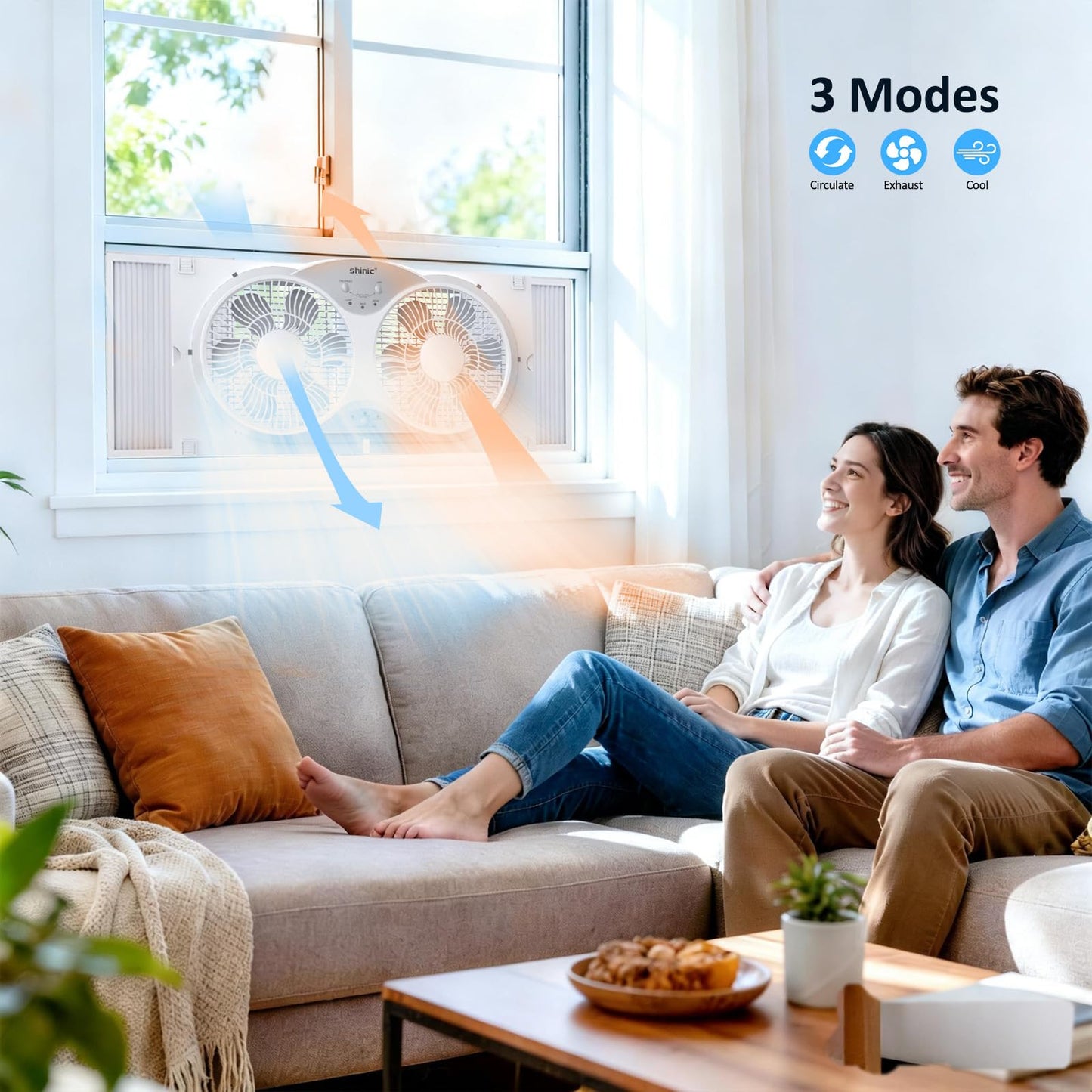 shinic 9" Twin Window Fan with Remote,ETL Certified Reversible Airflow Exhaust Fan for Home,3 Speeds 3 Modes Air Circulator with Bug Screen,Fits Windows 24"-37" White