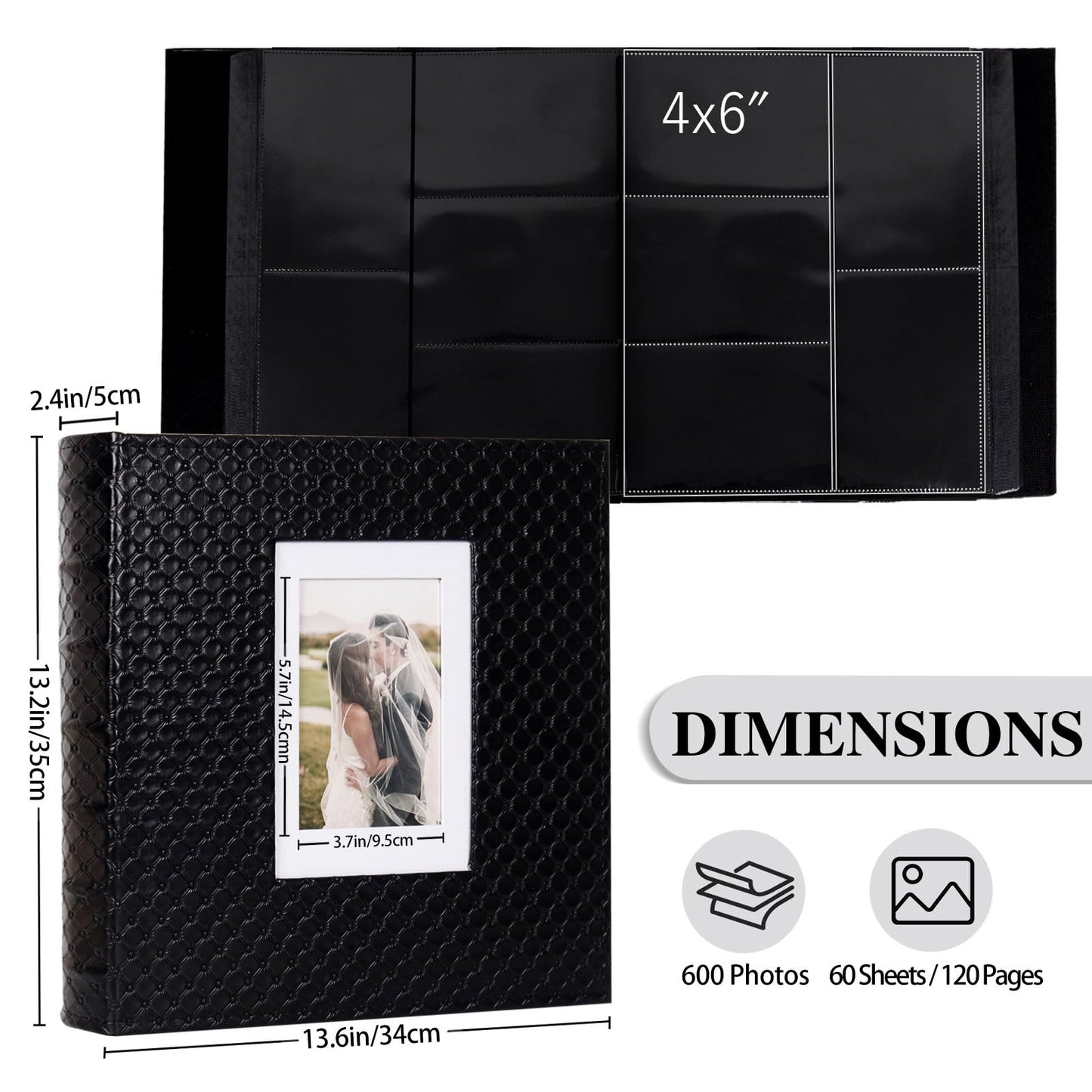 RECUTMS Photo Album for 4x6 Pictures 600 Pockets Black Inner Page Button Grain Leather Cover of Large Capacity Pictures Album Book Birthday Christmas Wedding Anniversary Memory (Black)