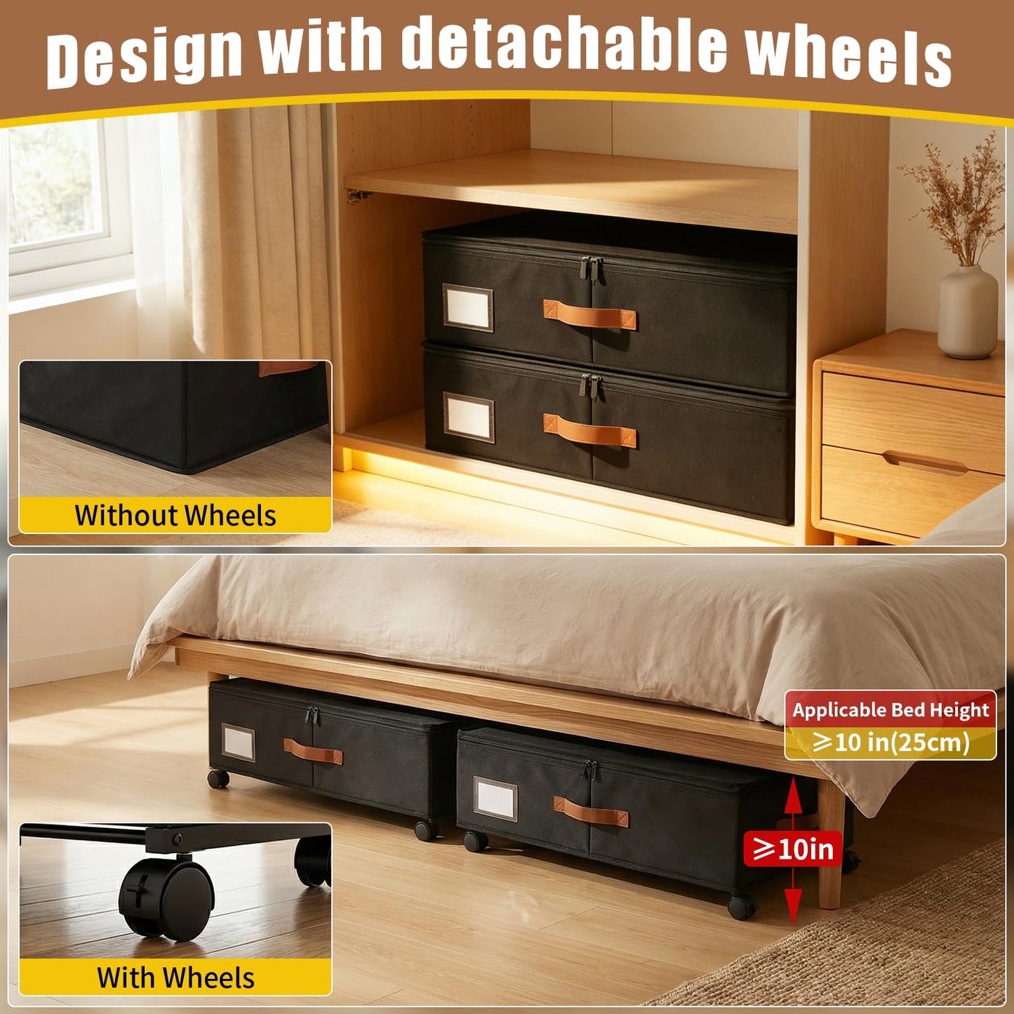 Under Bed Storage Containers with Wheels 2-Pack , 9.5" Tall Underbed Storage Drawers Organizer Bins for Clothes Shoes Toys Wrapping Paper with Extra Interior Pockets, Easy Pull-out, Heavy-duty