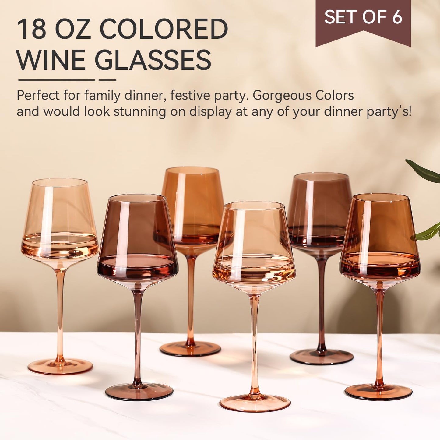 Cyrelwing Brown Wine Glasses Set of 6-18oz【Hand Blown】 Crystal Amber Stemmed Venus Wine Glasses-Brown Wine Glass set for Fall Autumn Winter Wine Dinner