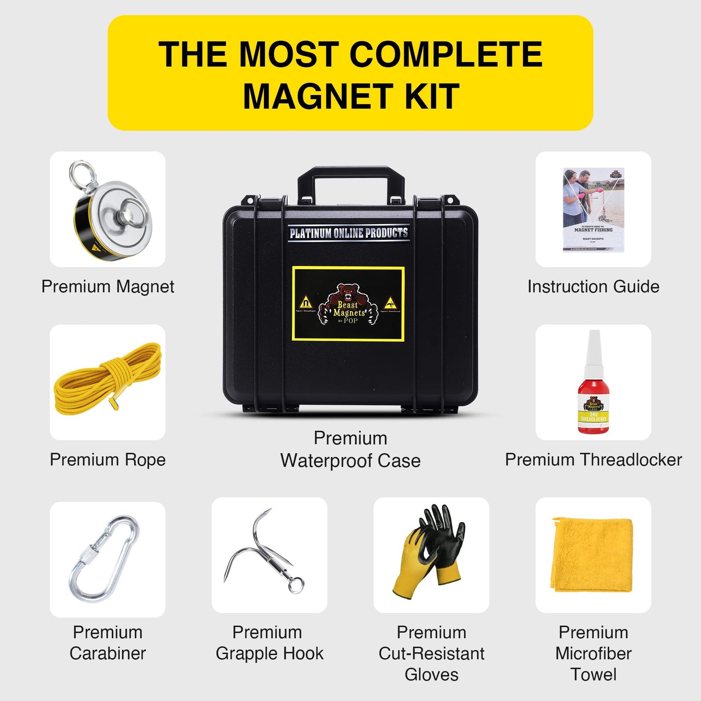 1320LB’s Complete Magnet Fishing Kit | Double Sided Fishing Magnet Kit with Case | Includes Strong Neodymium N52 Magnets, Durable 65ft Rope, Carabiner, Gloves, Grappling Hook & Carry Case