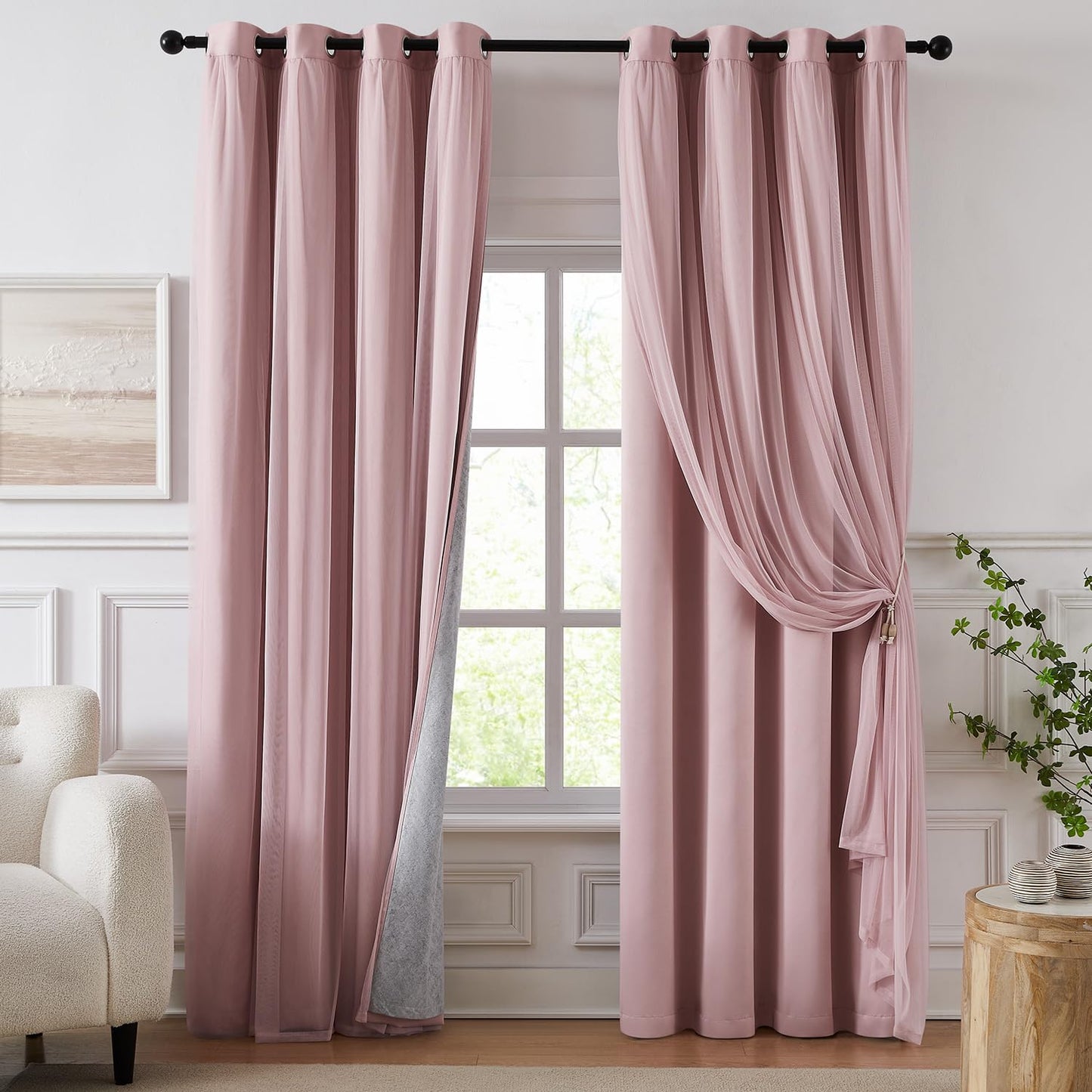 Swandream 100% Blackout Curtains for Bedroom, Double Layer Pink Curtains, Black Out Curtain 84 inch Long with Sheer Overlay for Living Room, Room Darkening Window Drapes with Grommet, 52" W x 84" L