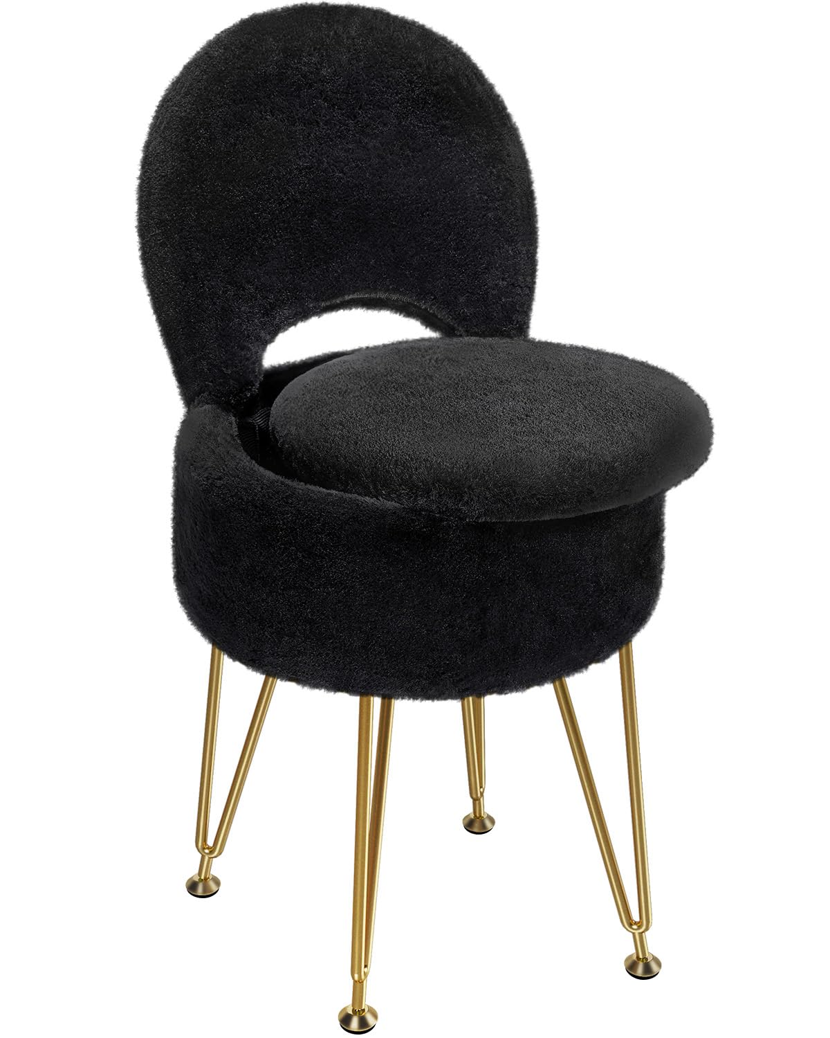 GREENSTELL Small Vanity Stool Chair with Storage and Folding Back, 13" x 13" x 17.7" Faux Fur Soft Ottoman for Teenager, 4 Metal Legs with Anti-Slip Feet, Furry Padded Seat for Makeup, Bedroom, Black