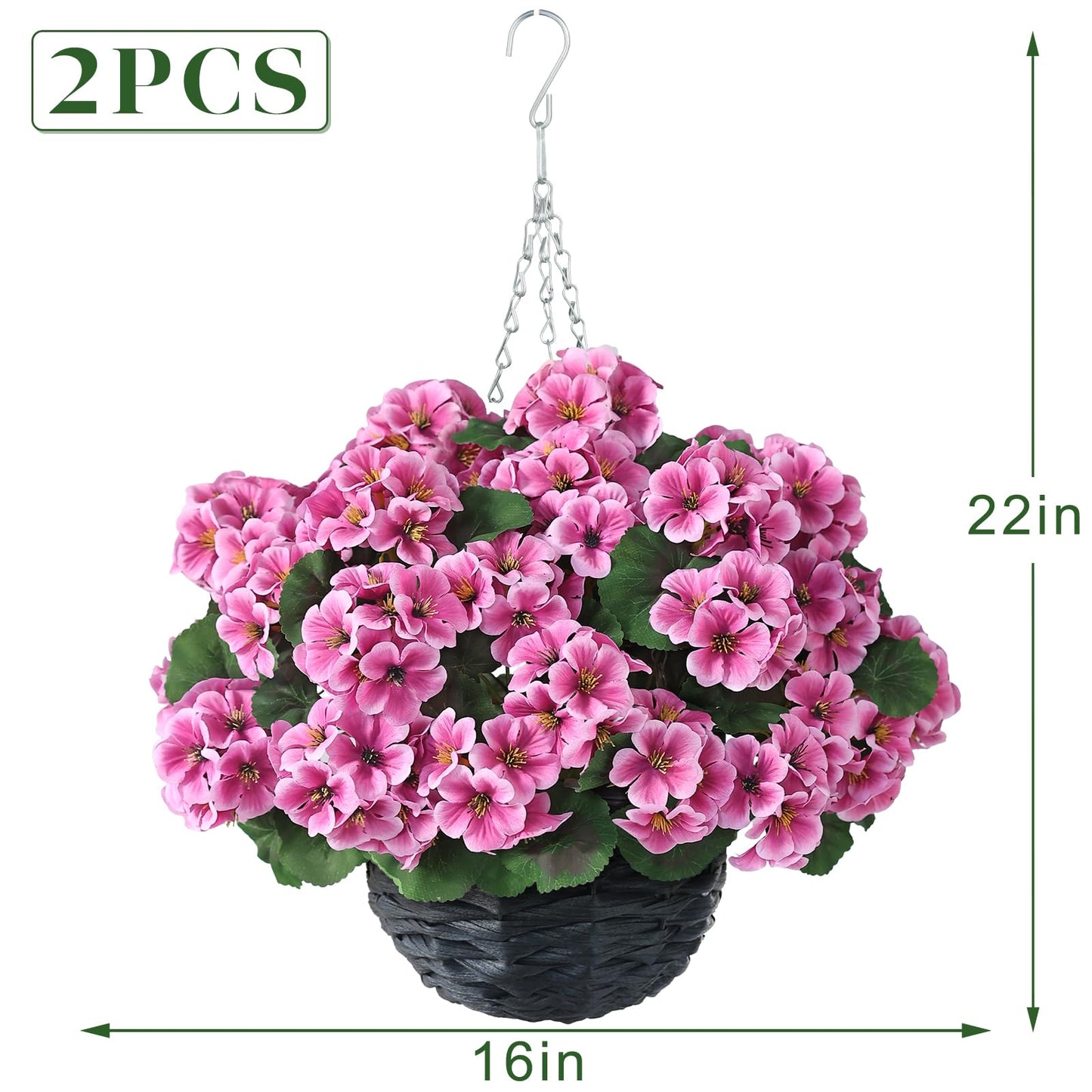 GLIDLION 2 Set Artificial Geraniums Flowers with Hanging Baskets for Outdoors - Sun Resistant Silk with Geranium Flowers, Fake Hanging Planters for Front Porch Garden Patio Home Decor (Pink)
