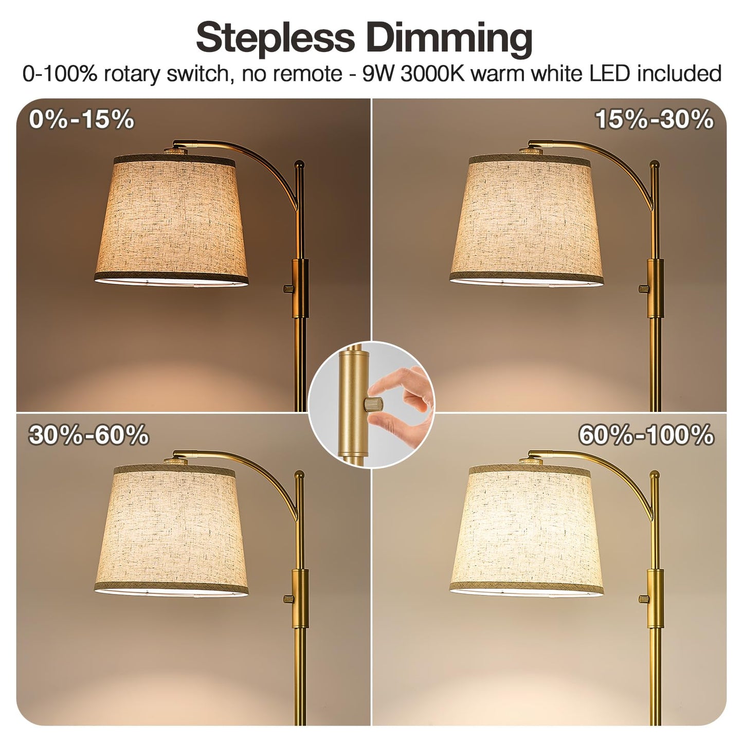AIDENOEY Fully Dimmable Floor Lamp for Living Room，Standing Lamp Rotary Switch with Table&Linen Beige Shade，Golden Tall Lamps for Bedroom with Adjust Head，9W LED Bulb Included