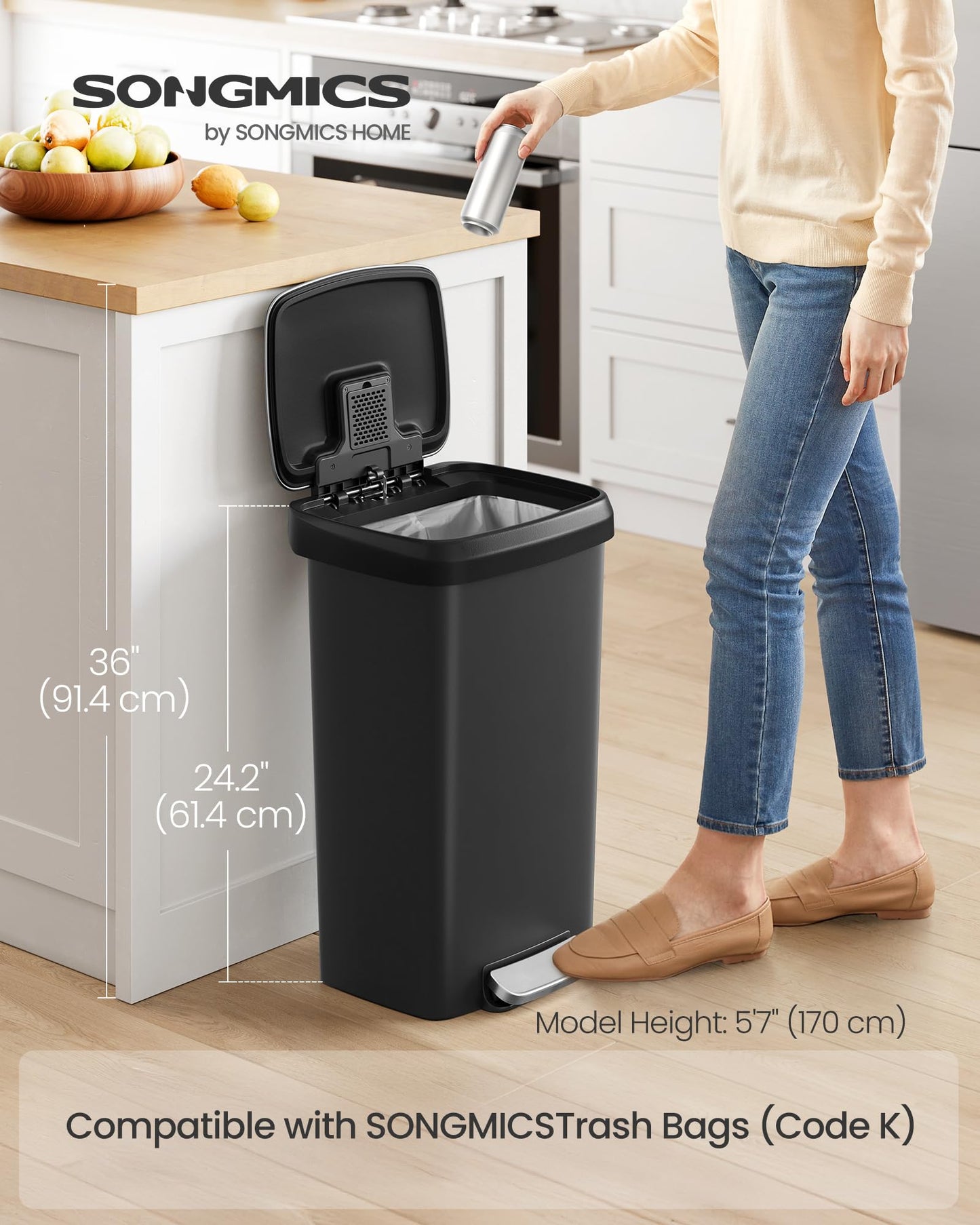 SONGMICS Plastic Kitchen Trash Can, 12-Gallon (45 L) Garbage Can with Stainless Steel Lid, Soft Close, Pedal Waste Bin with Wheels and Rear Handle, Ink Black ULTB533B01