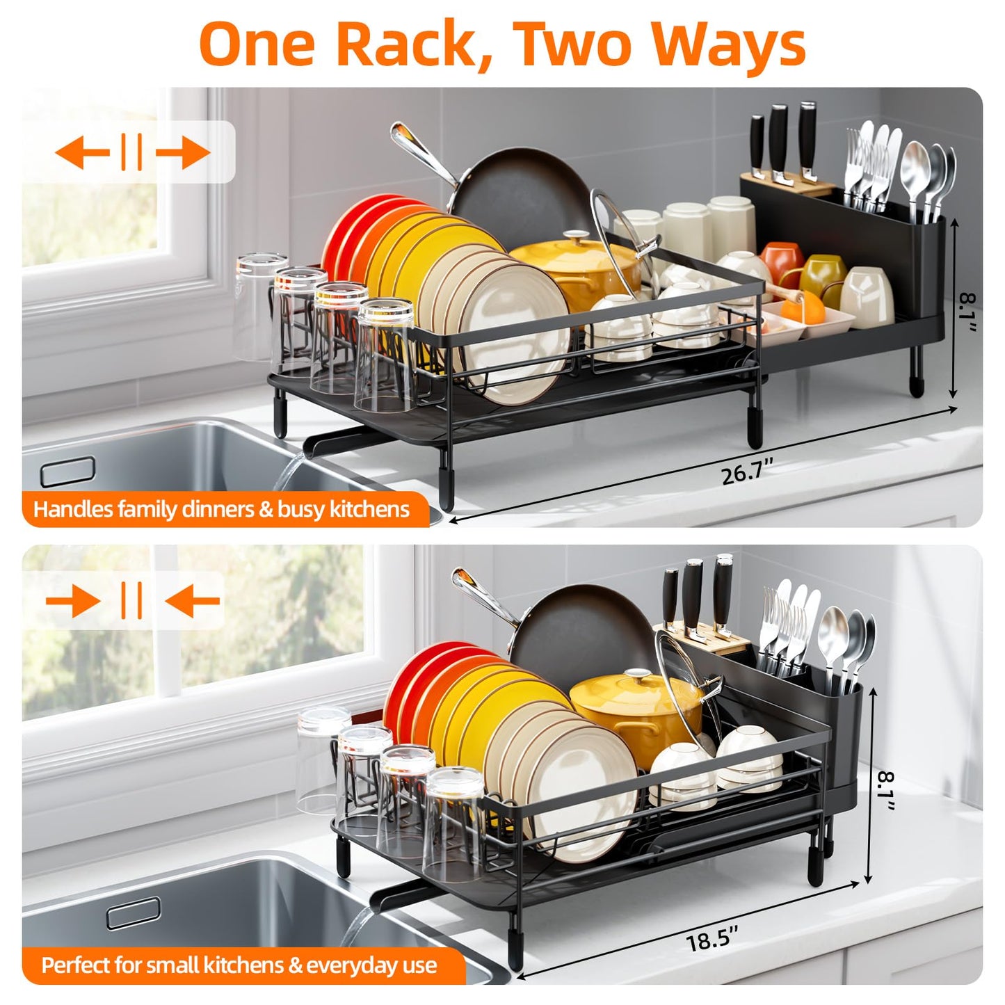 Urackify Large Dish Drying Rack, Expandable Dish Racks for Kitchen Counter, Multifunctional Dish Drainer with Utensil Holder & Cup Holder, 18.5"-26.7" L x 12.7" W, Black