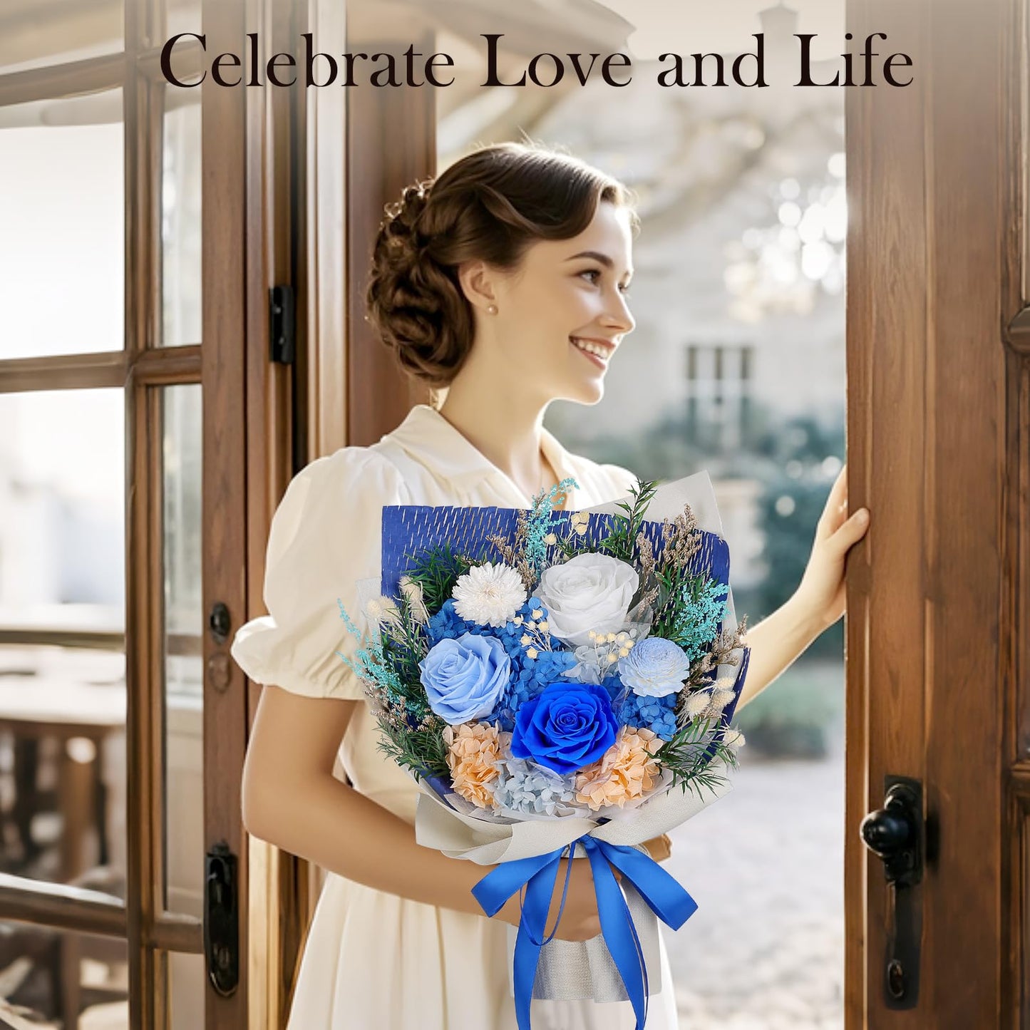Preserved Flowers Bouquet - Forever Flowers for Delivery, Real Eternal Roses Bouquet, Mothers Day Gifts for Mom Grandma Wife, Anniversary Birthday Gifts for Women, Blue