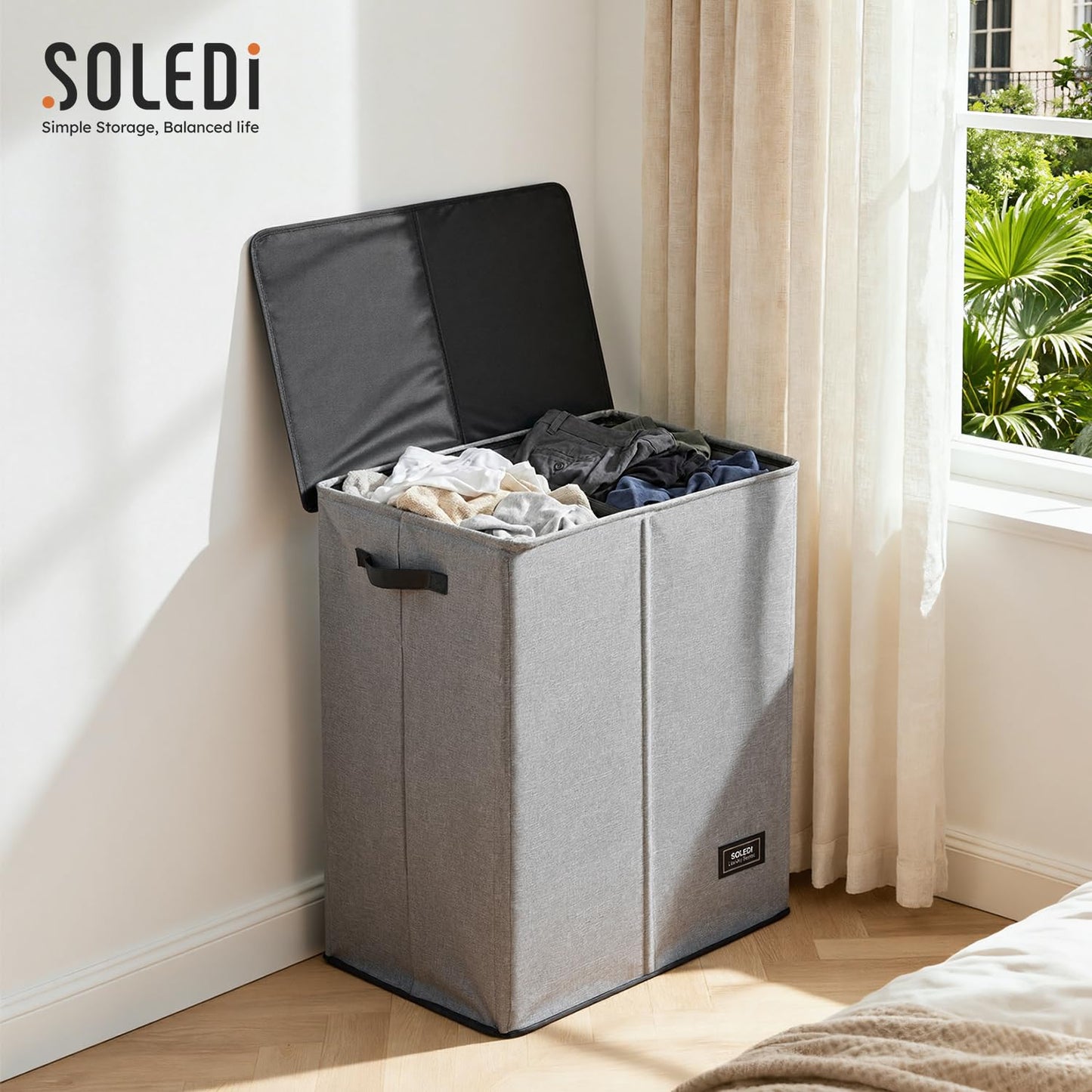 SOLEDI Double Laundry Basket with Lid and Removable bag, Large Laundry Hamper 2 Section with handles, Collapsible Dirty Clothes Hampers for Laundry, Bedroom, Dorm, College