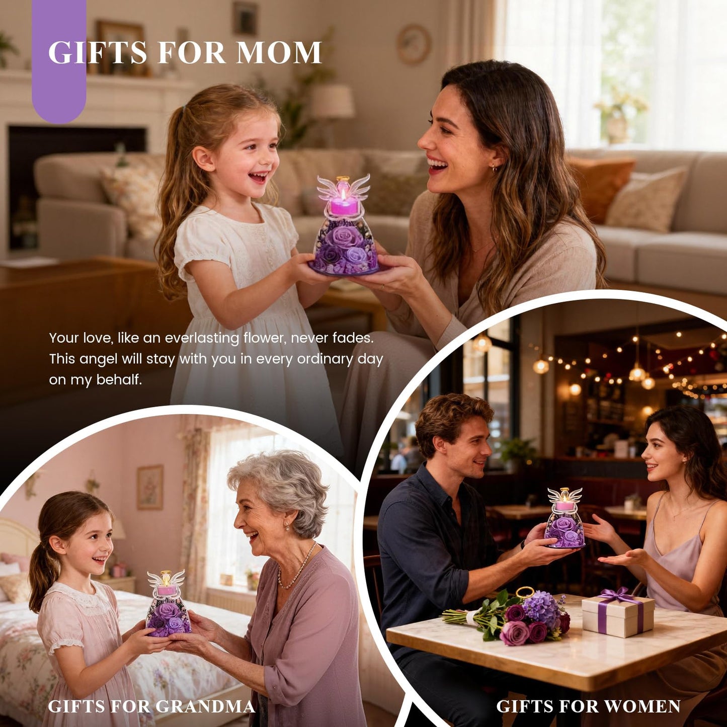 Agrul Mothers Day Roses Gifts for Mom Women,Preserved Real Flowers Roses in Glass Angel Figurines Candle Holder with Tealight Candle Holder/Purple