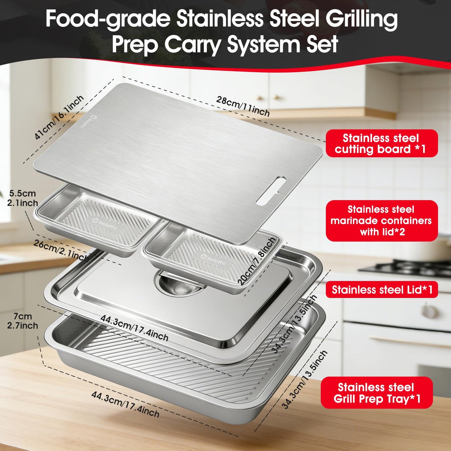 7-in-1 Stainless Steel Grill Prep Trays & Carry System, Large Lidded Marinating Containers with Cutting Board & 2 Food Storage Containers with Lids, Stackable BBQ Grill Accessories for Outdoor Cooking