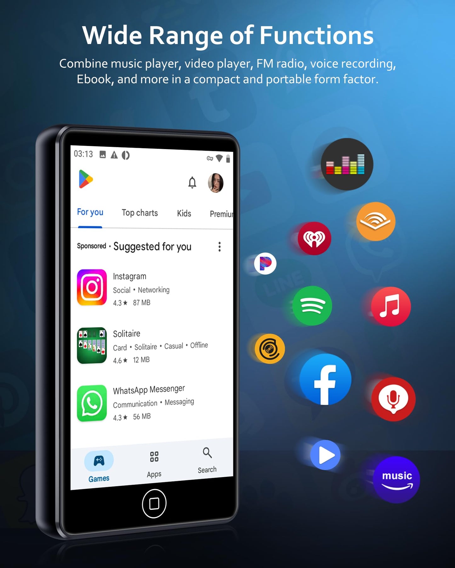 144GB MP3 Player with Bluetooth and WiFi,MP3 & MP4 Players with 4.02-inch Touchscreen and Speaker,Spotify Music Players with Pandora,Audible,Amazon Music,Spotify,Play Store,Up to 512GB (Black)