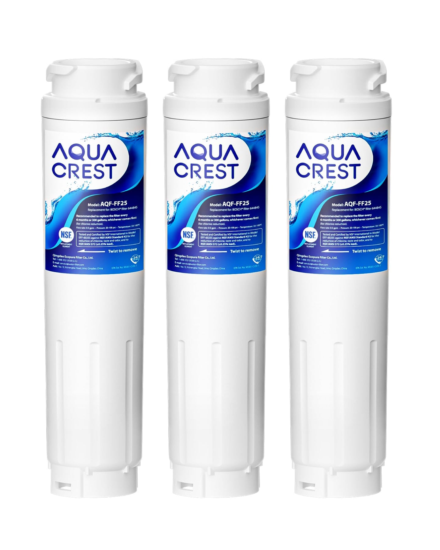 AQUA CREST 9000 077104 Refrigerator Water Filter Replacement for UltraClarity REPLFLTR10, Bosch Ultra Clarity 644845, 3 Filters