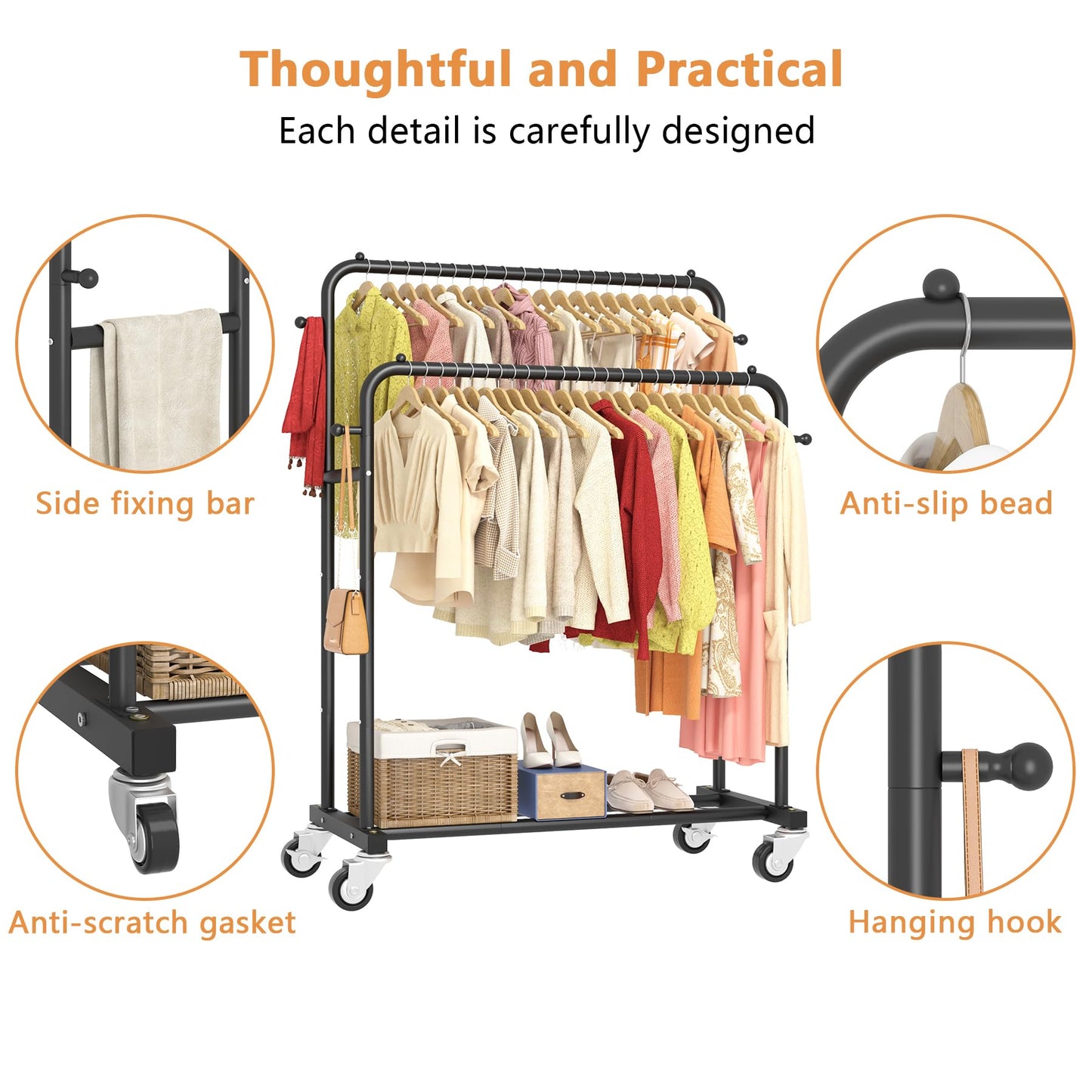 Laiensia Double Rods Garment Rack with Wheels, Clothing Rack for Hanging Clothes,4 Hooks, Multi-functional Bedroom Clothes Rack, Black