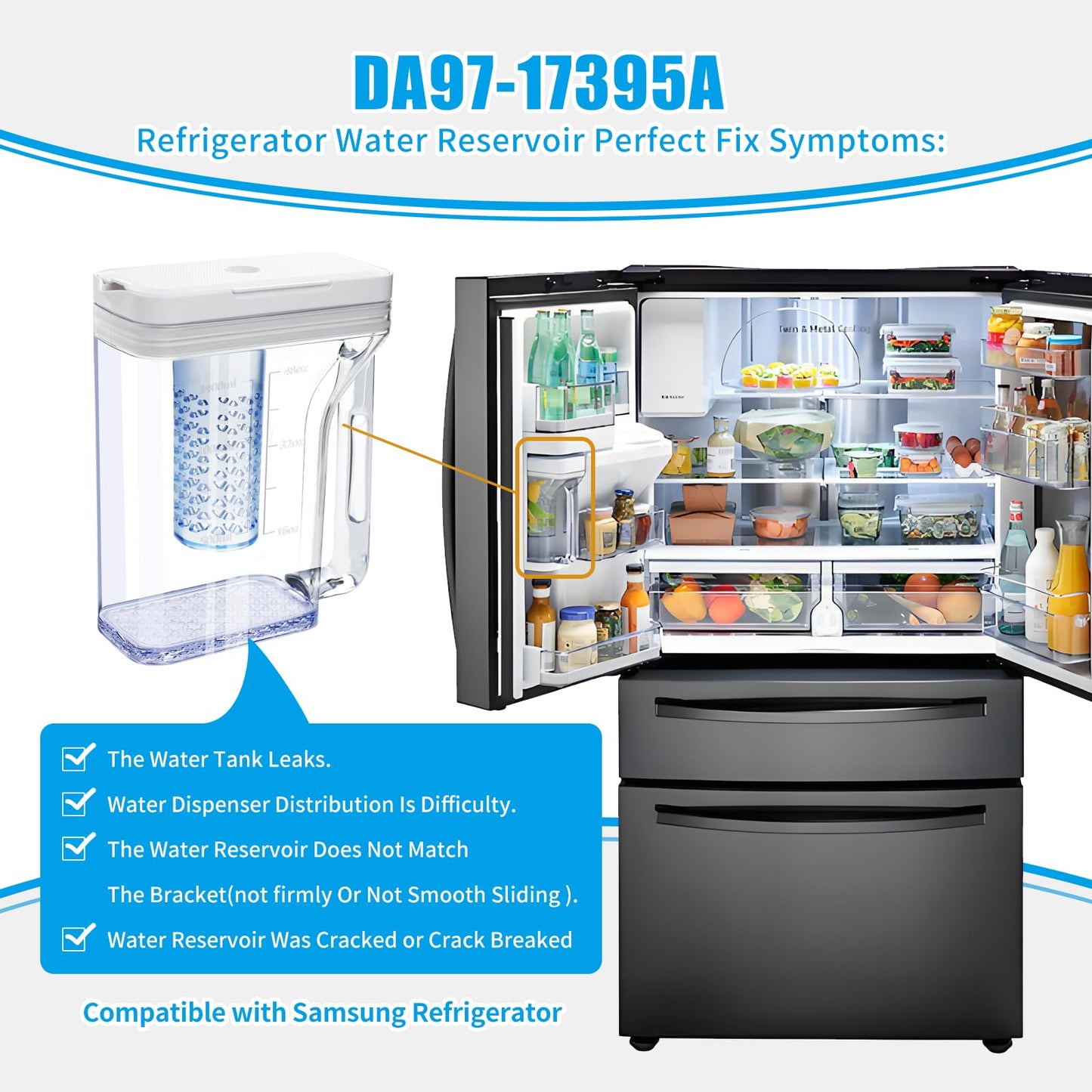 Upgraded Refrigerator water Pitcher DA97-17395A Compatible With Samsung Fridge water Reservoir, Double sealing Fridge reservoir NO leak, Water Tank Fit Samsung Refrigerator (White)