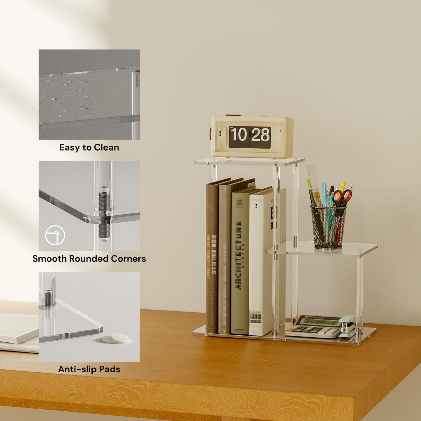 CRTERICX Acrylic Desktop Bookshelf, 7.9" D x 15" W x 15.3" H, Small Desktop Shelves Organizer, 3-Tier Clear Mini Table Top Shelf for Office Supplies and Desk Accessories, Easy Assembly