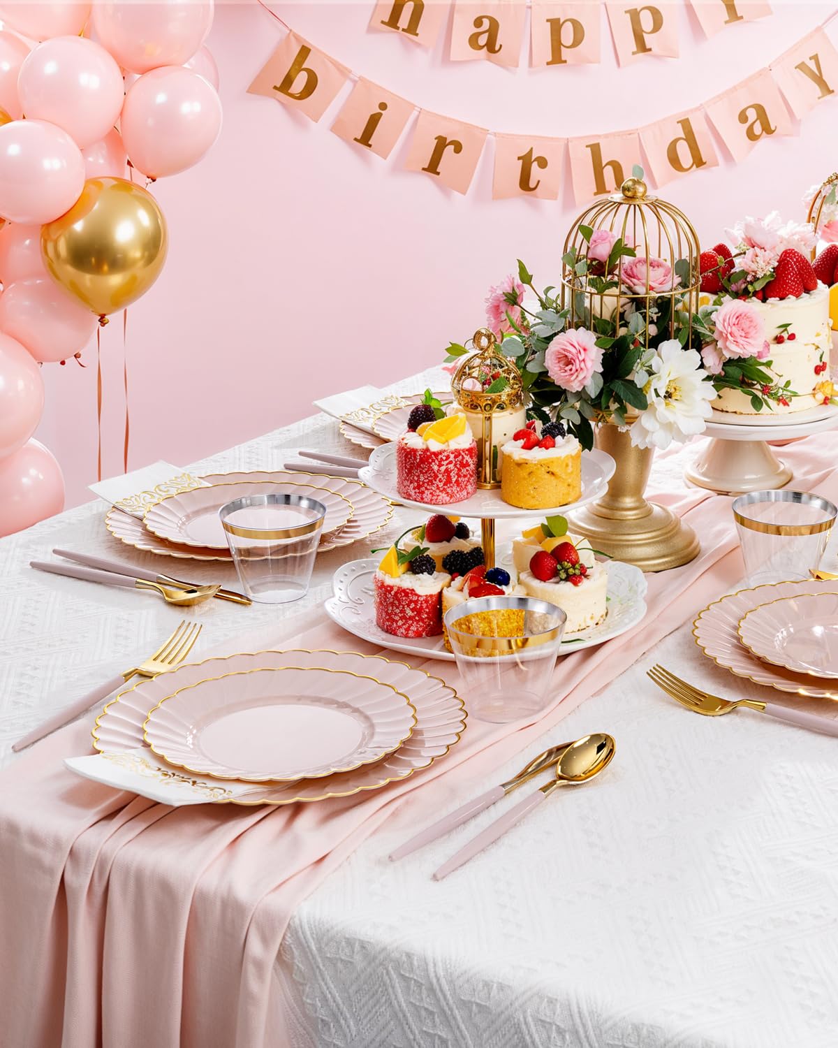 Ciaell 175 PCS Pink Scalloped Plastic Plates with Gold Trim - Pink Plastic Silverware with Handle - Fancy High-End Dinnerware Sets for Wedding & Baby Showers & Party