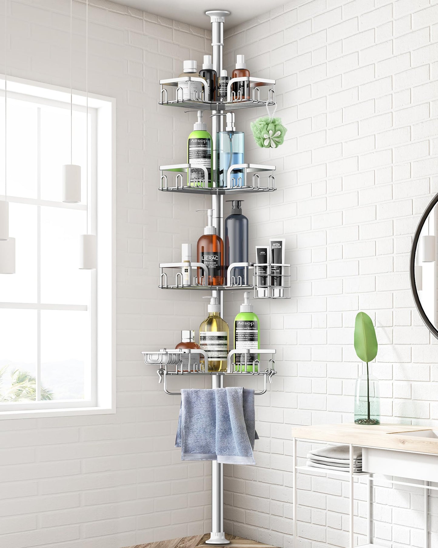 Clothink Corner Shower Caddy Tension Pole 4 Tier Adjustable Stainless Steel Shower Shelf for Inside Shower Bathtub Shampoo,Standing Bathroom Organizer Shelves with 39 to 113 inch Height