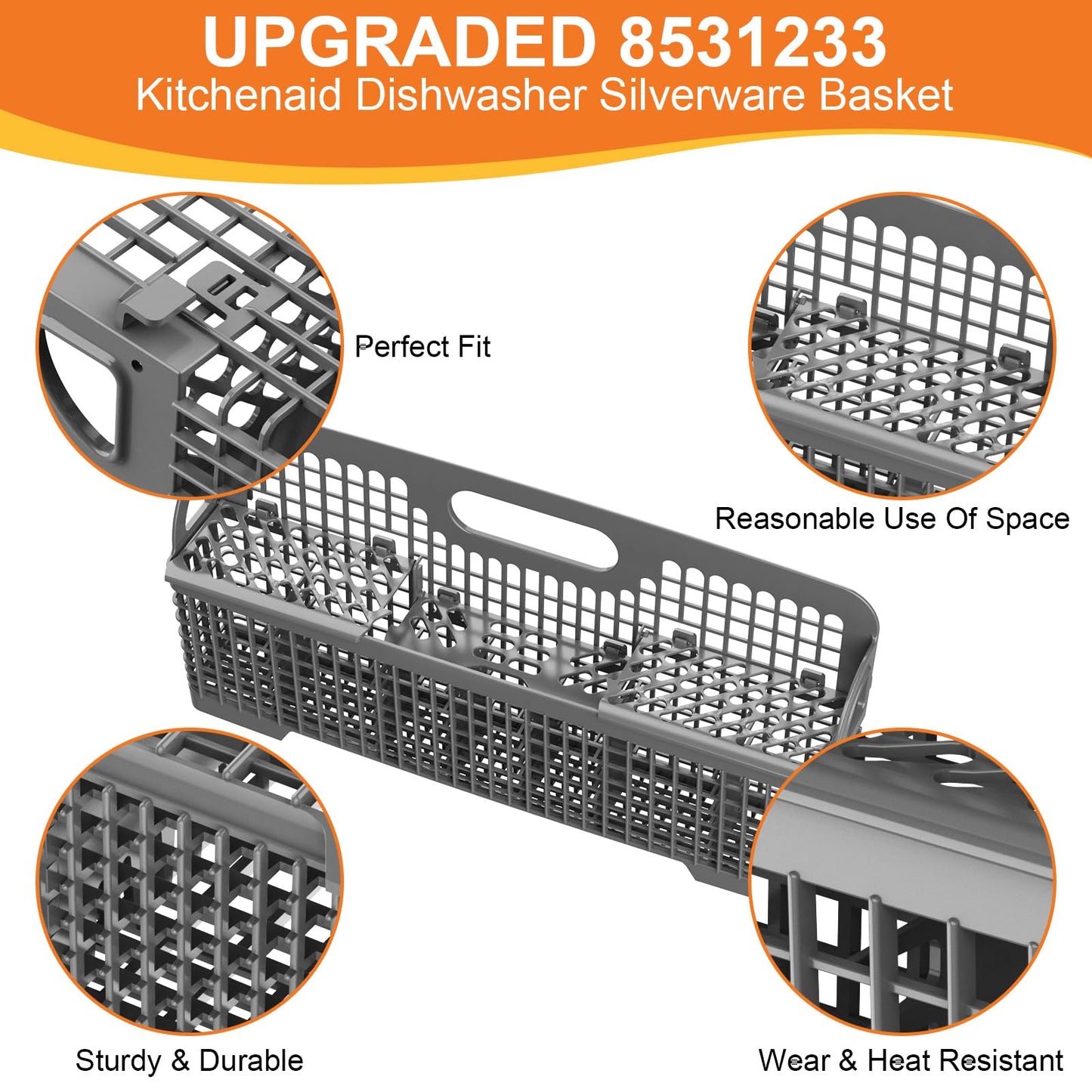 UPGRADED 8531233 WP8531233 Dishwasher Silverware Basket For Whirlpool Kenmore Kitchenaid Dishwasher Silverware Basket Replacement Kitchen Aid Dishwasher Utensil Basket Universal Holder Dishwasher Rack