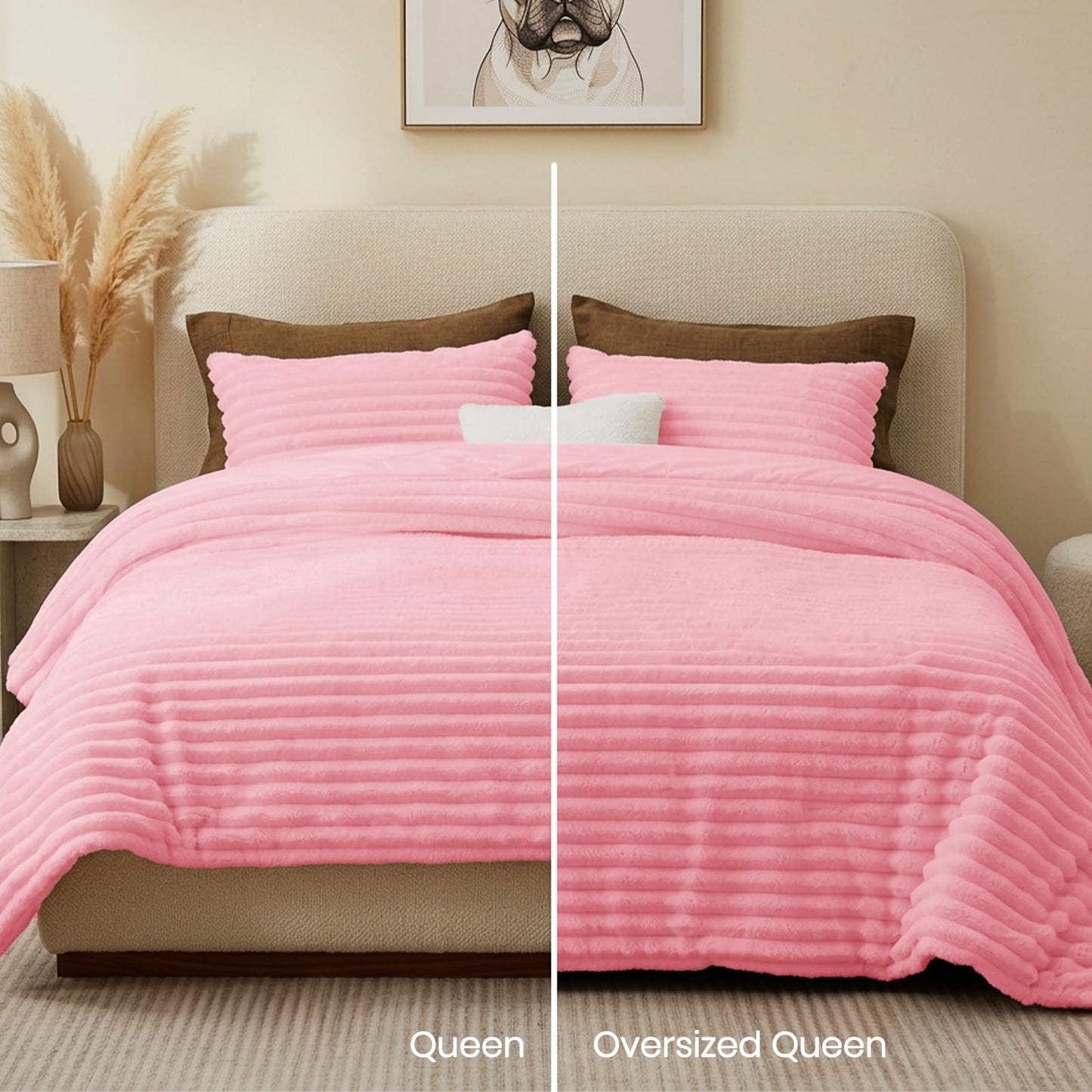 Quataly Marshmallow Queen Fleece Comforter Set Pink Faux Fur Fluffy Comforter Set Luxury Bedding Set Soft Plush Fuzzy Warm Bed Set All Season 3 Pieces (1 Shaggy Comforter, 2 Pillowcases)