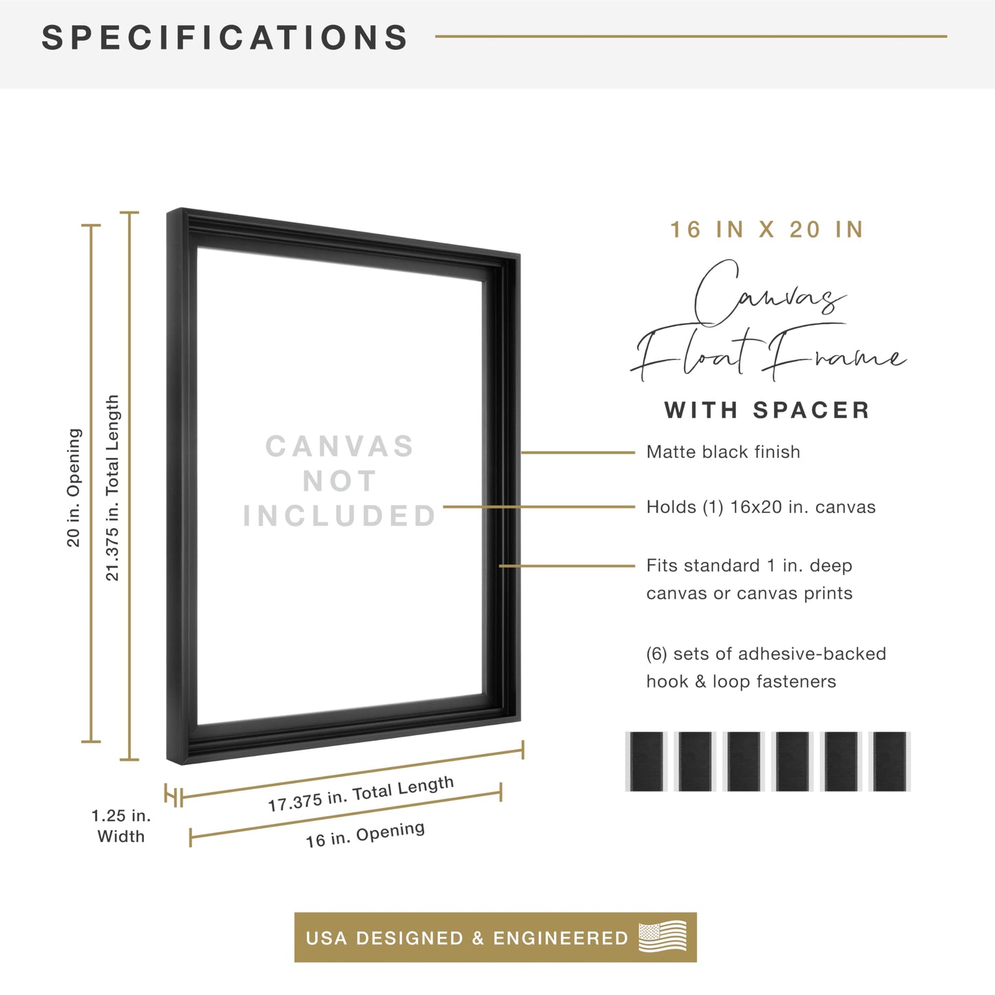 MCS Canvas Float Frames 16x20 Frame, Black Frame for Finished Canvases, Vertical & Horizontal Wall Hanging Large with Adhesive for Canvas Paintings (1-Pack)
