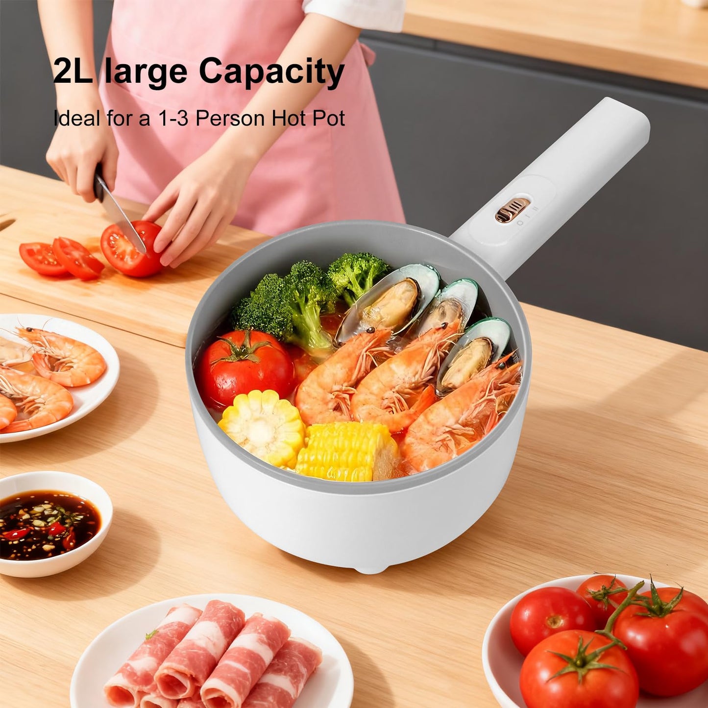 Vroyuir Electric Hot Pot 2L, 700W Portable Multi-Purpose Cooker with Dual Power Control, Non-Stick Pot for Noodles, Steak, Eggs, Ramen, Oatmeal, and More