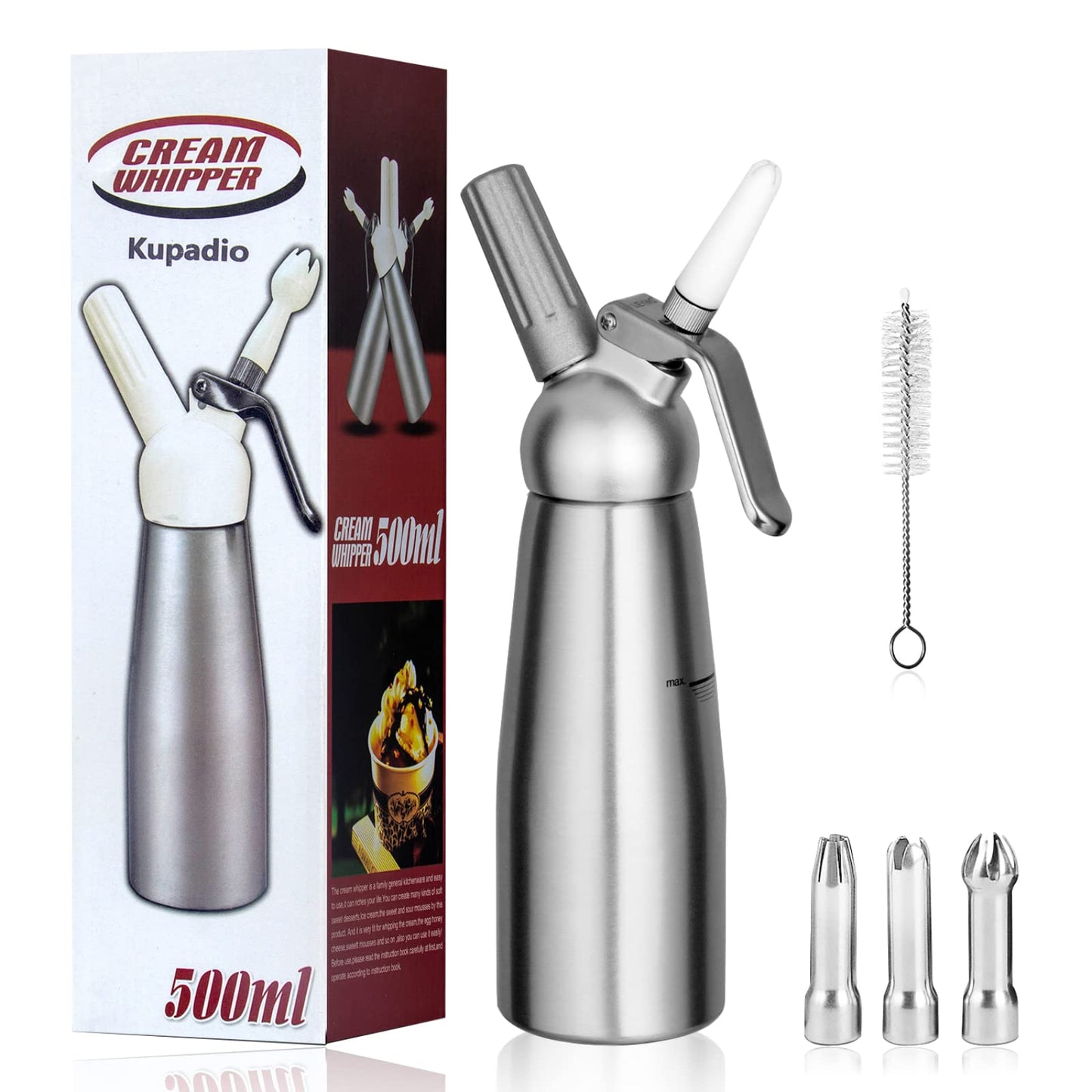 Professional Aluminum Whipped Cream Dispenser Cream Maker 500mL (1 Pint) for Desserts Gourmet Cream Whipper with 3 Decorating Nozzles- N2O Chargers (Not Included)