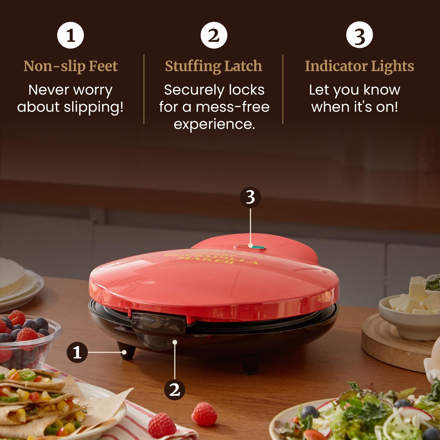 Elite Gourmet 11" Cheesy Quesadilla Maker, 2-Position Locking Latch For Extra Stuffing, Easy-Slice 6-Wedge, Red