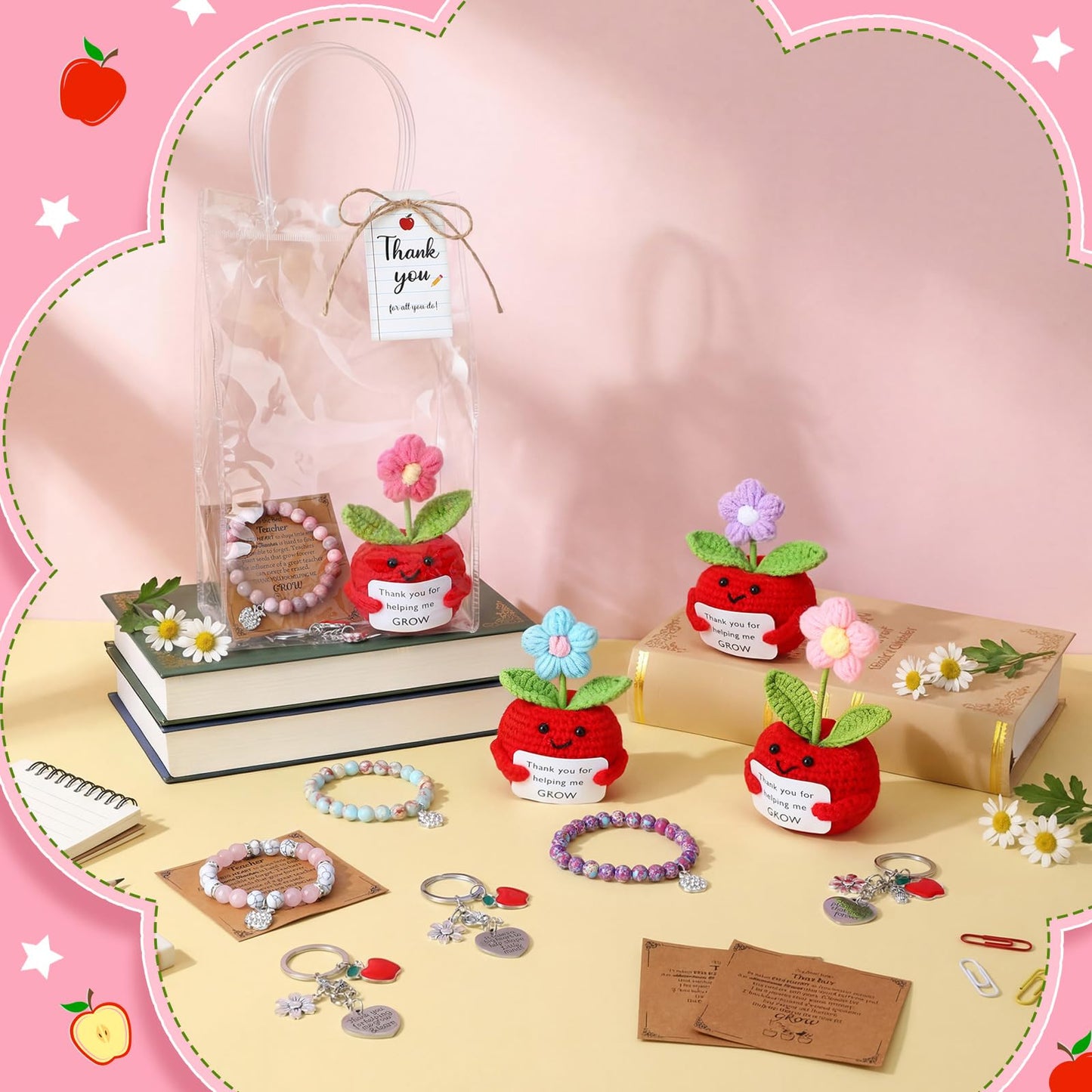 Wavwavw 4 Sets Teacher Appreciation Gifts Bulk Include Crochet Flower Dolls Thank You Crochet Gift Bracelets Keychains Appreciation Bags with Cards Tags End of Year Teacher Gifts(Apple Flower)