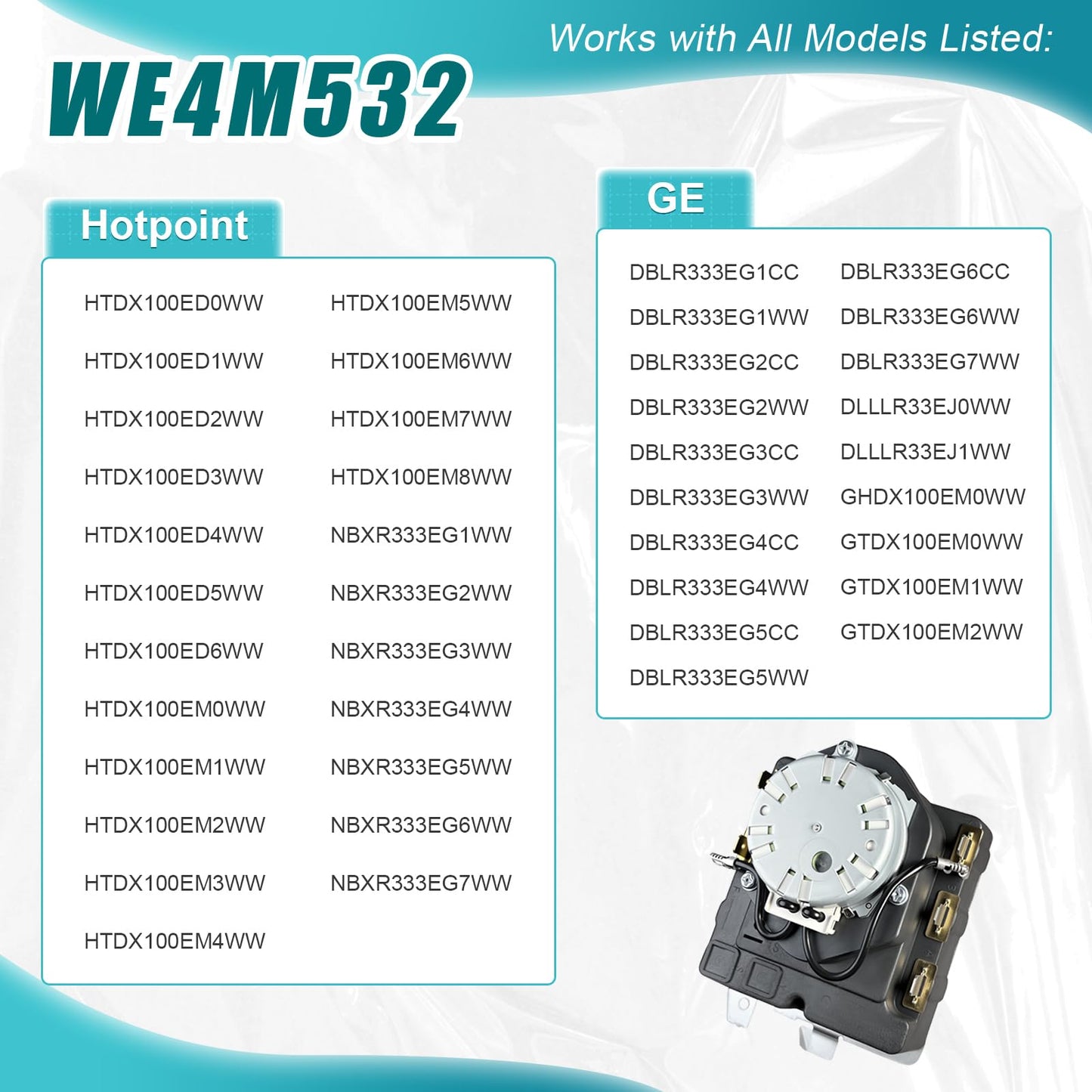 WE4M532 Dryer Timer Compatible with GE Hotpoint, Replacement Part 234D1296P004 TMD1FM07 WE04M0532 WE4M362 WE4M532-24PK 3029573 AP5788219 PS8746223 EAP8746223