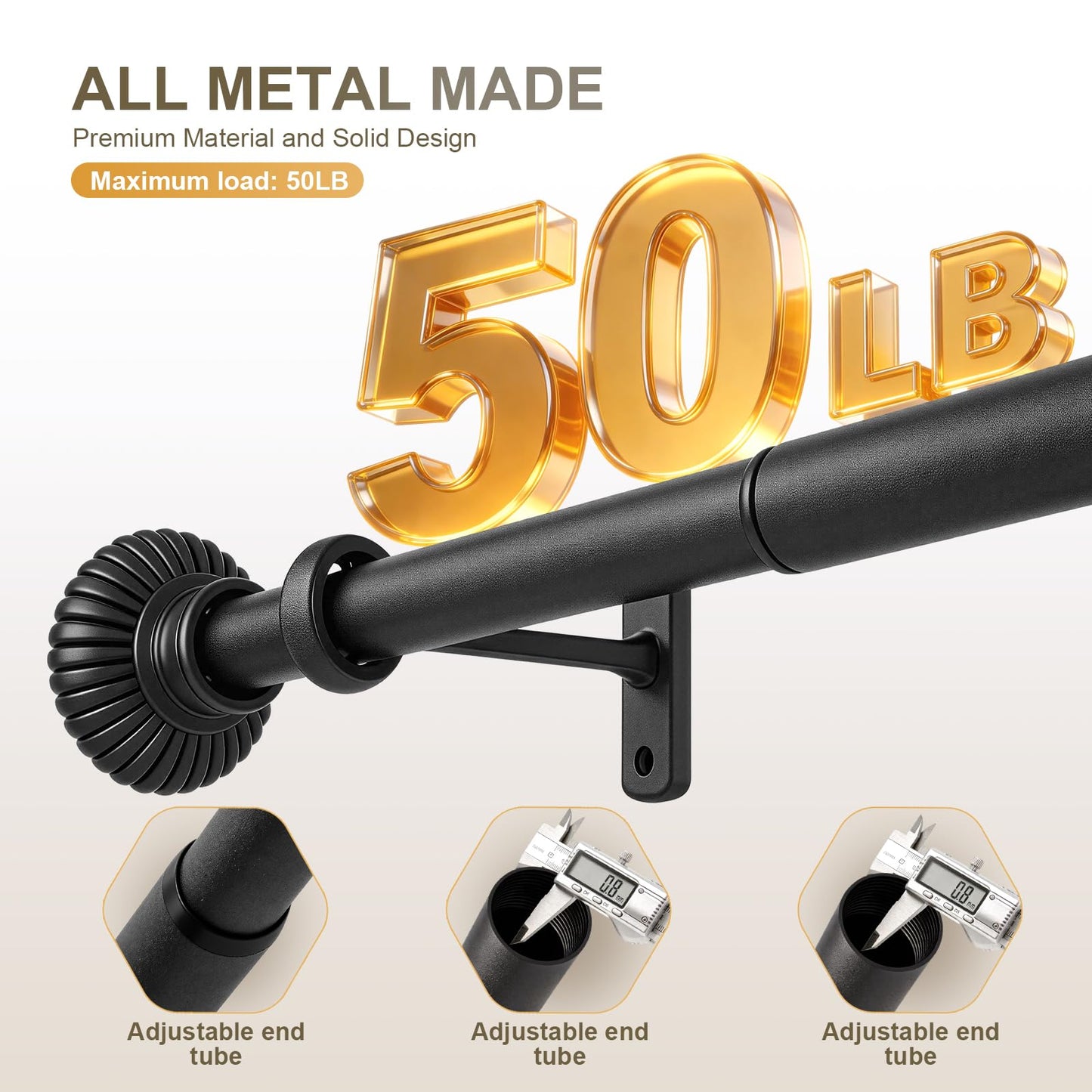 Heavy Duty Steel Curtain Rod Adjustable 32-240 Inches, 1 Inch Diameter Curtain Rod for Wide Windows - Black Space-Saving Design with Brackets