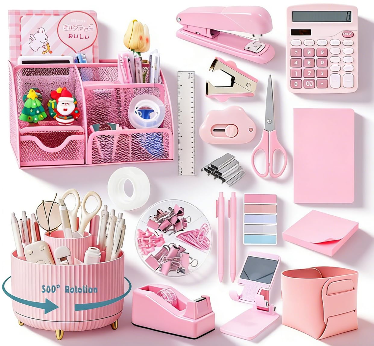 Gawsey Desk Organizers and Accessories with Desk Organizer 360° Rotating Pen Holder and Office Supplies, Cute Stationery Supplies Set (Pink)