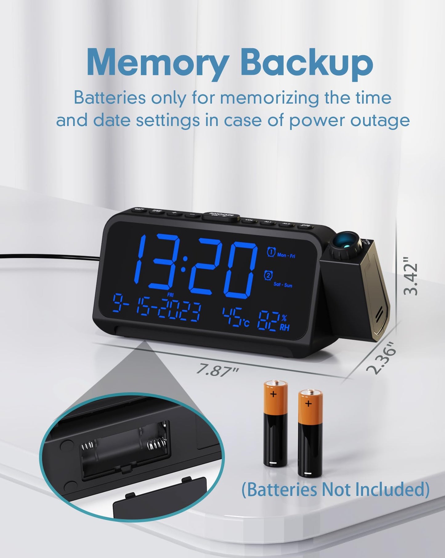 Roxicosly Projection Alarm Clock for Bedroom Ceiling, 118 dB Super Loud for Heavy Sleepers, 6.7" Large Digital Dimmable Display with Day Date Indoor Temp Humidity, Dual Alarms Adjustable Volume