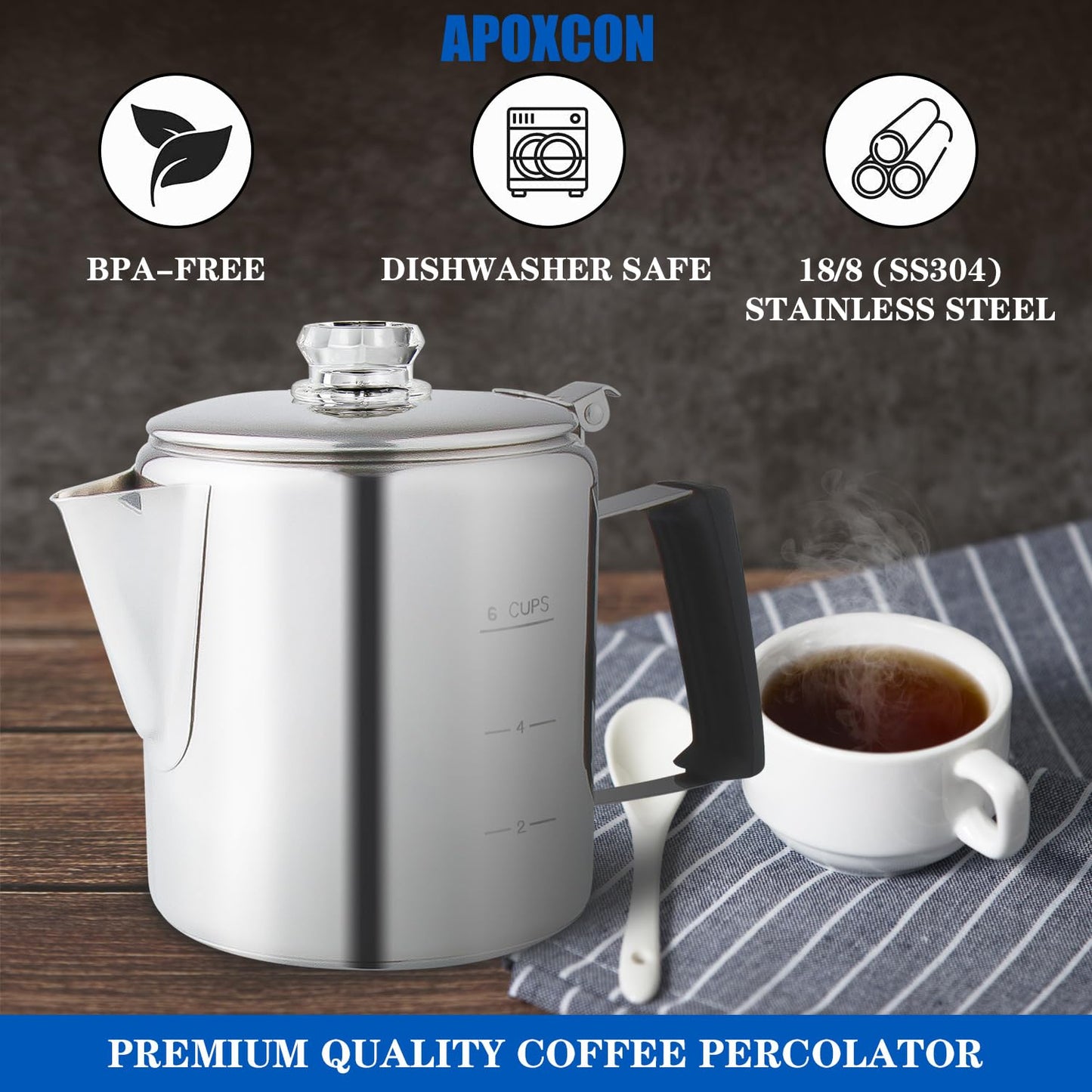 Multi Use Percolator Coffee Pot Stainless Steel Stove Top Coffee Maker with Two Tough Borosilicate Glass Knob Silica Handle Camping Coffee Pot Using on Campfire Stove & Induction Cooker Silver 6 Cup