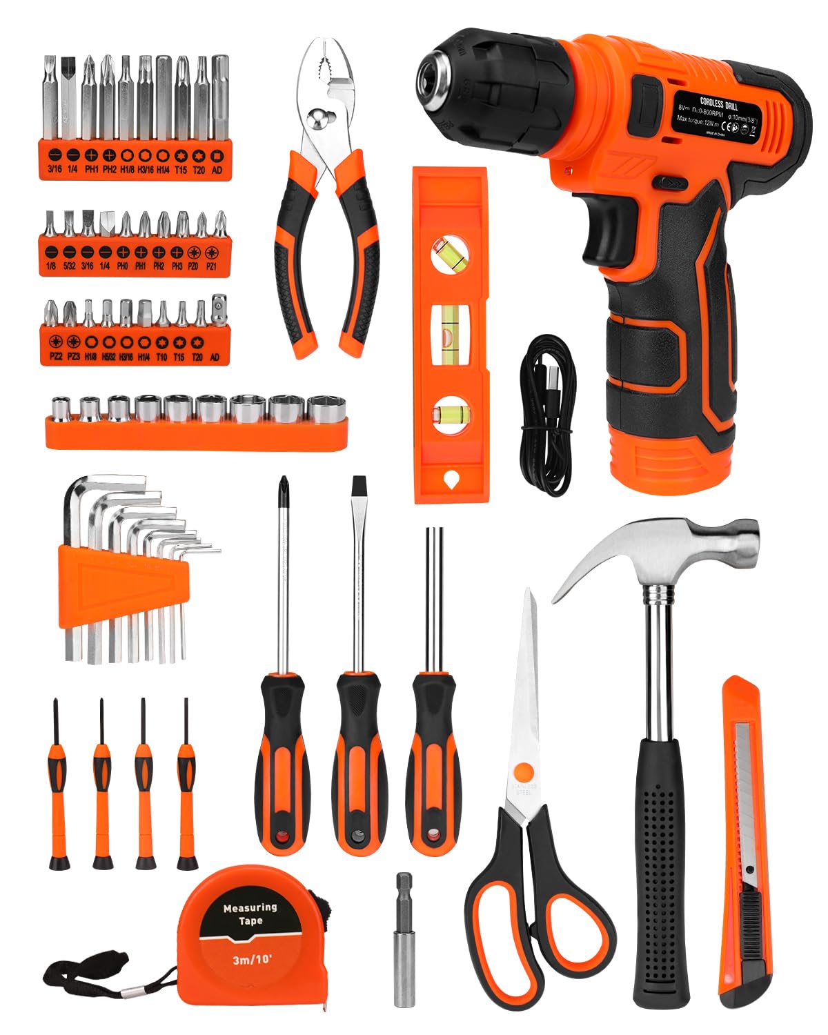 139-Piece Tool Set - Tool Kit with 8V Cordless Drill Driver in ToolBox Storage Case, General Household Drill Set for Home Repairs, Handyman, DIY Projects