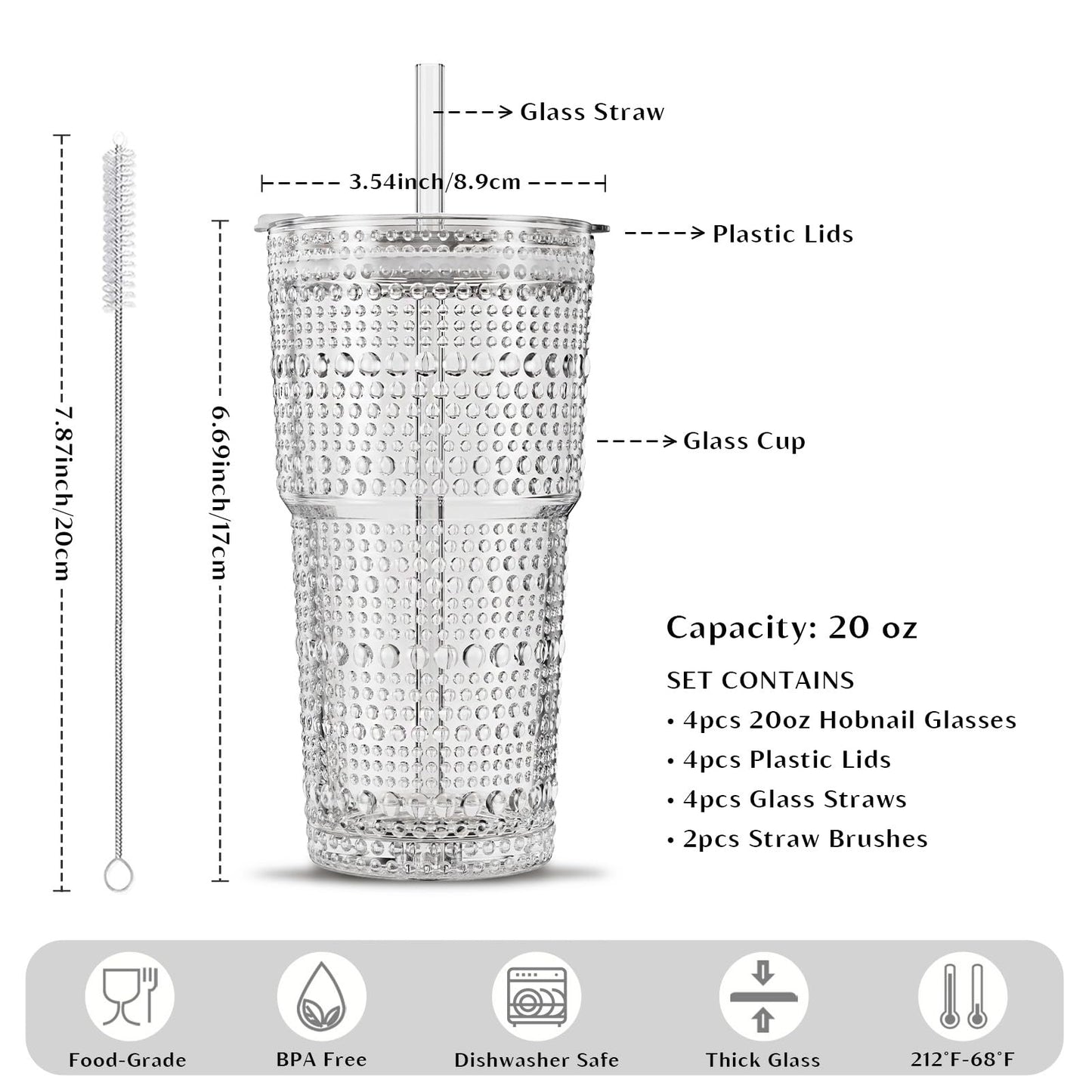 INSETLAN 20oz Hobnail Glass Cups with Lids and Glass Straws – 4 Pieces, Thick-Walled Glass Tumblers for Iced Coffee, Smoothies, Milk, Water, Juice, and More – Elegant and Durable Drinking Glasses