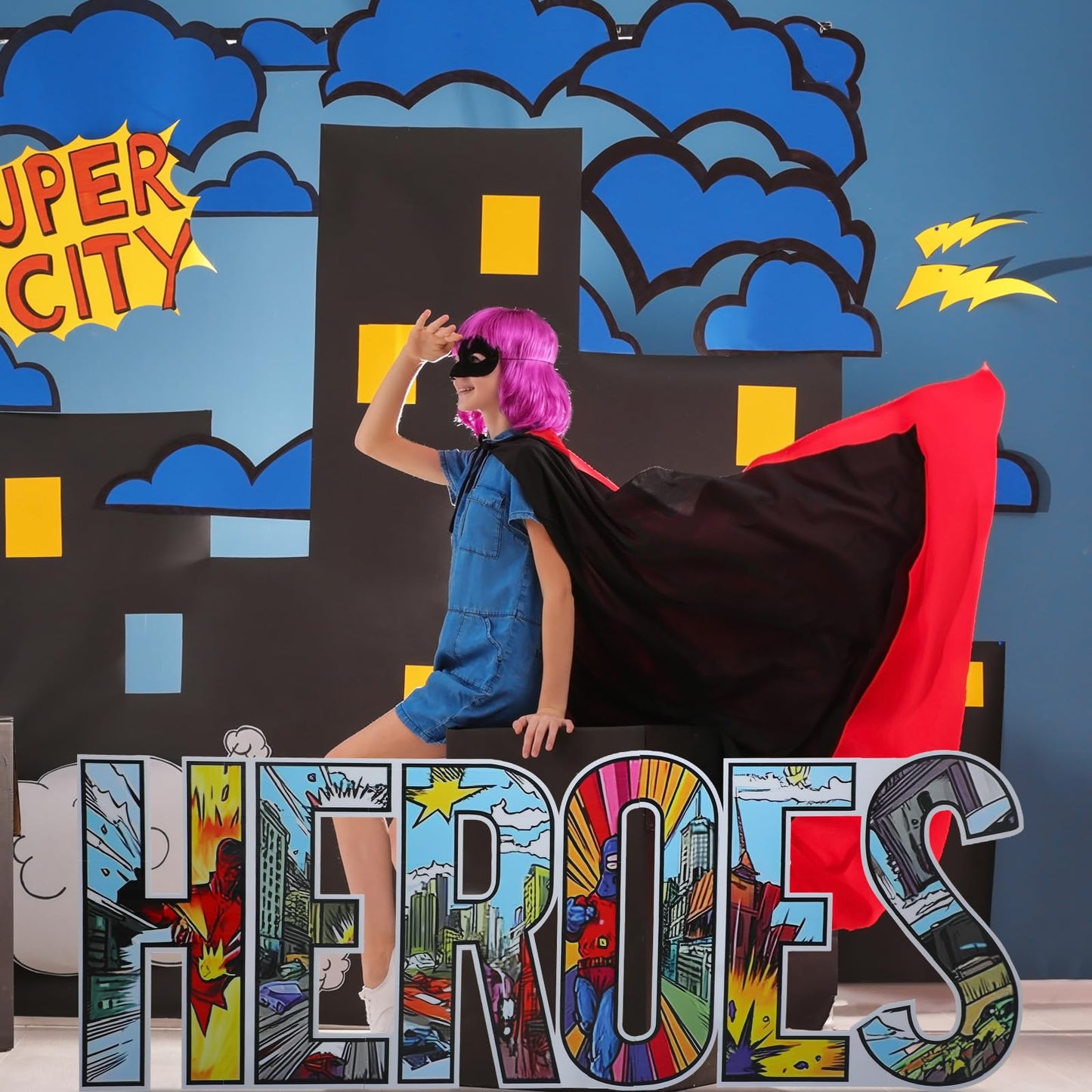 Bucherry 7.7ft Heroes Comic Letter Cardboard Cutout Stand up Life Size Hero Themed Party Decoration Backdrop Photo Props Stand up for Theme Activities Supply