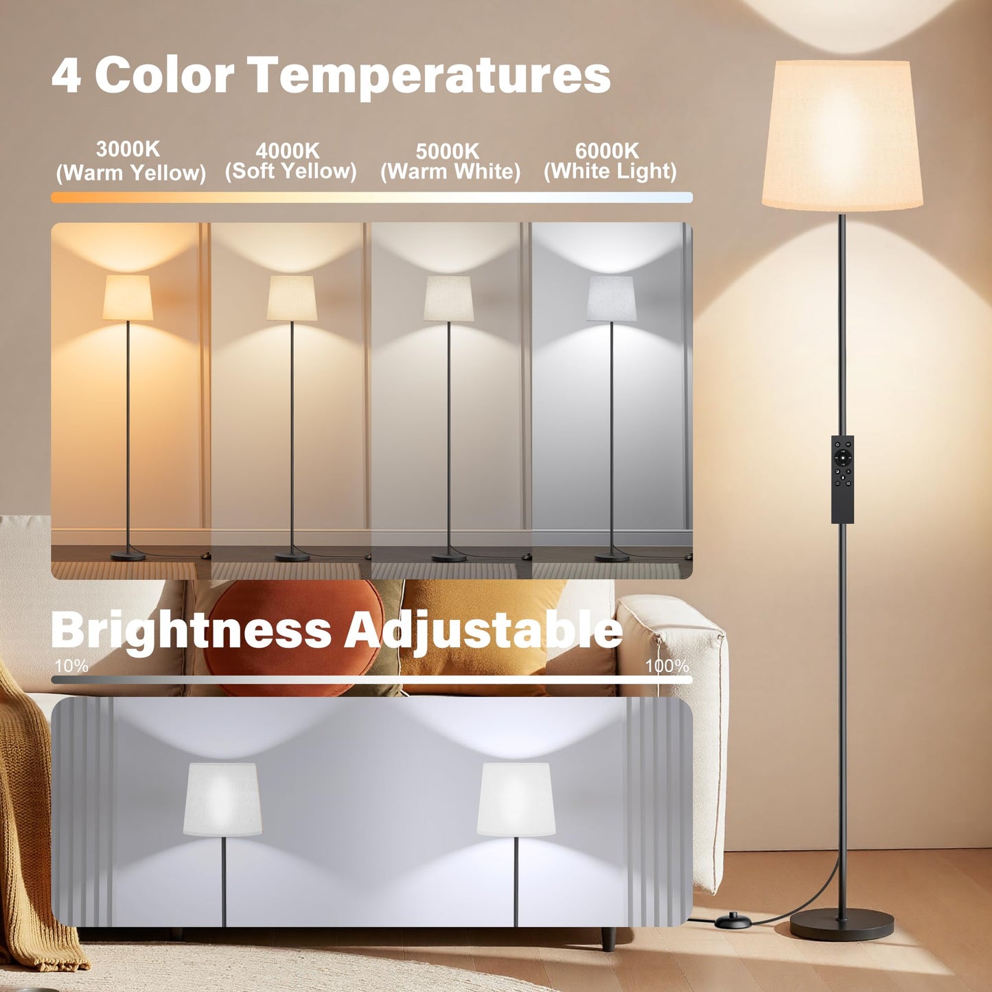 SIBRILLE Floor Lamp with White Shade, 62" Dimmable LED Standing Lamp with Remote, 9W E26 Bulb Included, 3000-6000K, Modern Floor Reading Light for Bedroom Living Room Office Corner, Black Pole