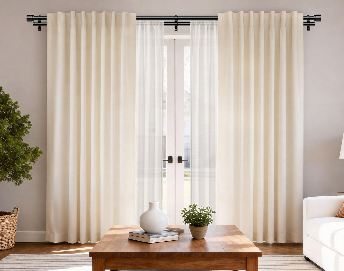 Double Curtain Rod 140 to 195 Inch, HOTOZON 1 Inch Heavy Duty Double Curtain Rods for Windows 128 to 191 Inches(10.6-15.9 ft), Telescoping Drapery Rod with Simple End Finials, Black