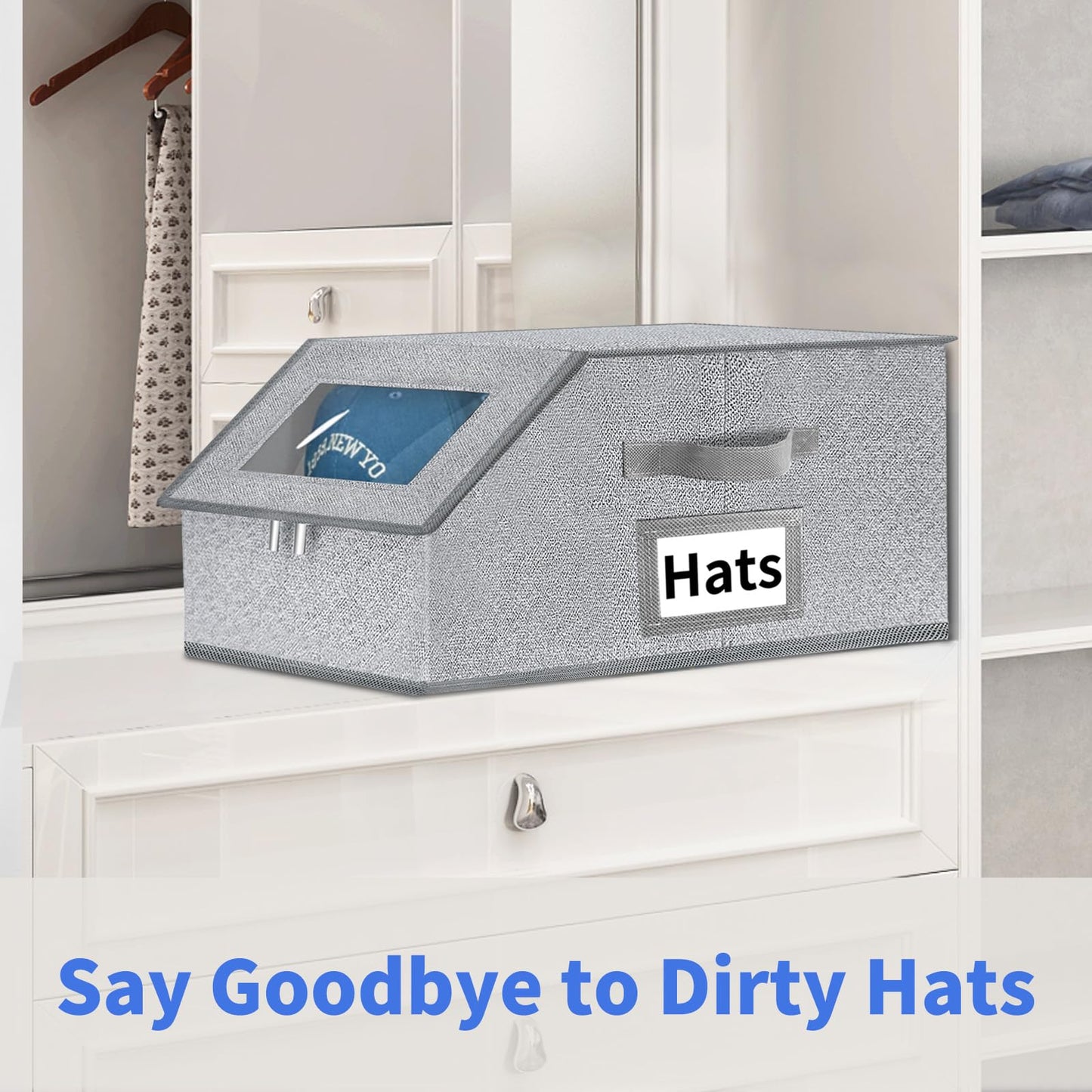 Aokeyee Hat Organizer for Baseball Caps - 2PCS Stackable Storage with Clear Window Lid, Flip-Top Access, Space-Saving Hat Box for Closet, Breathable Fabric (Grey)