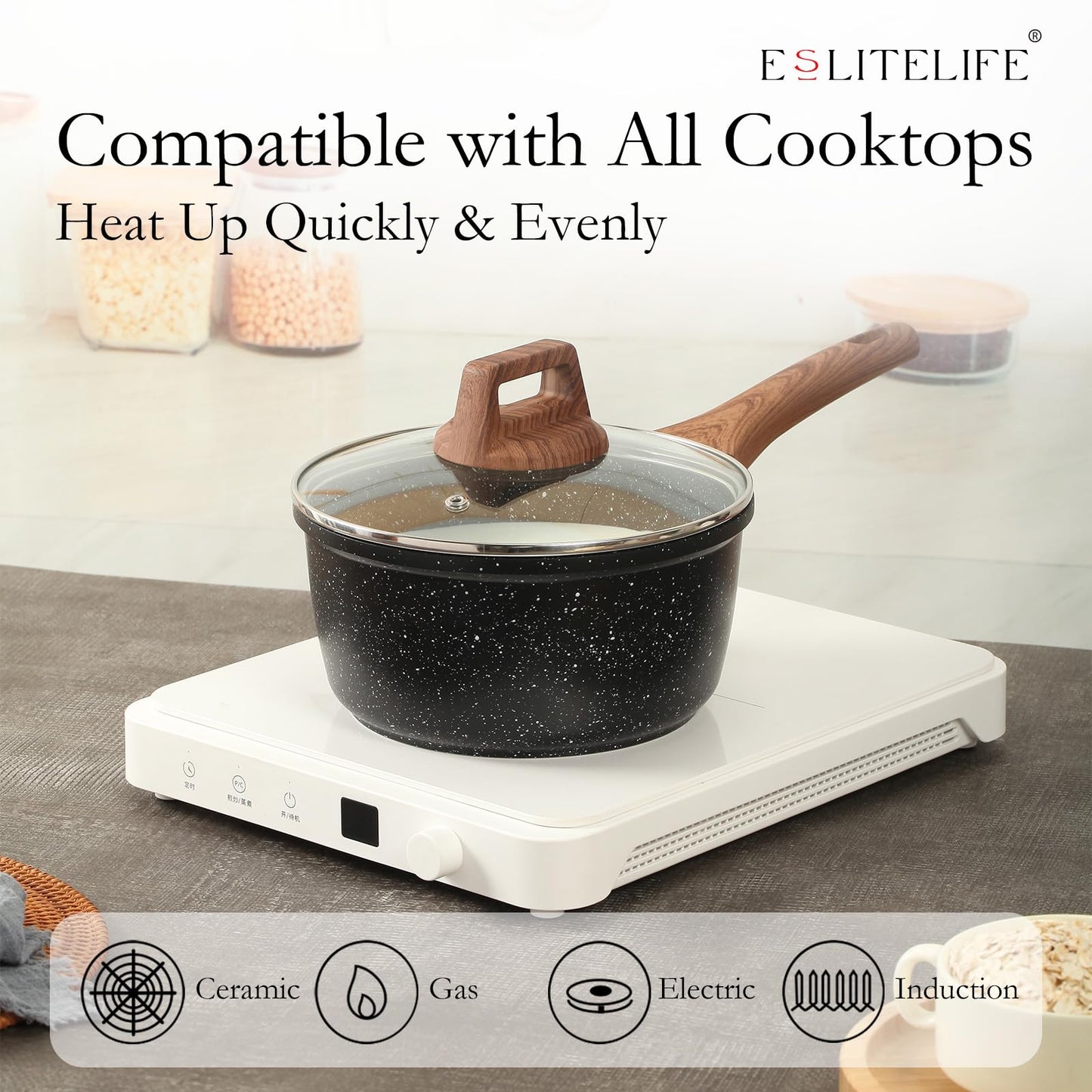 ESLITE LIFE Nonstick Cookware Sets, 9 Pcs Granite Coating Pots and Pans Set Kitchen Cooking Set, Compatible with All Stovetops (Gas, Electric & Induction), PFOA Free, Black