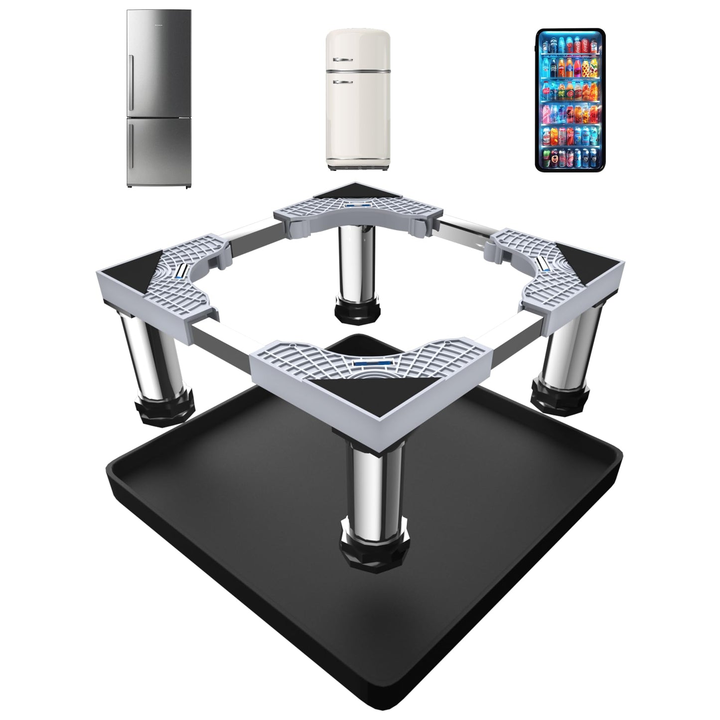 Mini Fridge Stand with Silicone Mat, Adjustable Refrigerator Stand with 4 Stainless steel Feet, 24''x 24'' Dorm Fridge Stand Protect From Appliance Leaks for Fridge, Washer, Dryer (7.3"-8.5" High)