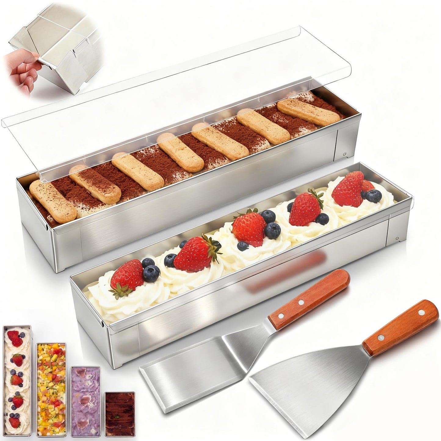 Blushtier 2 Pack Nonstick Rectangle Tiramisu Cake Pan with Acrylic Lid and 2 Metal Spatula Removable Frame 304 Stainless Steel Cake Baking Molds for Tiramisu Cheesecake Mousse