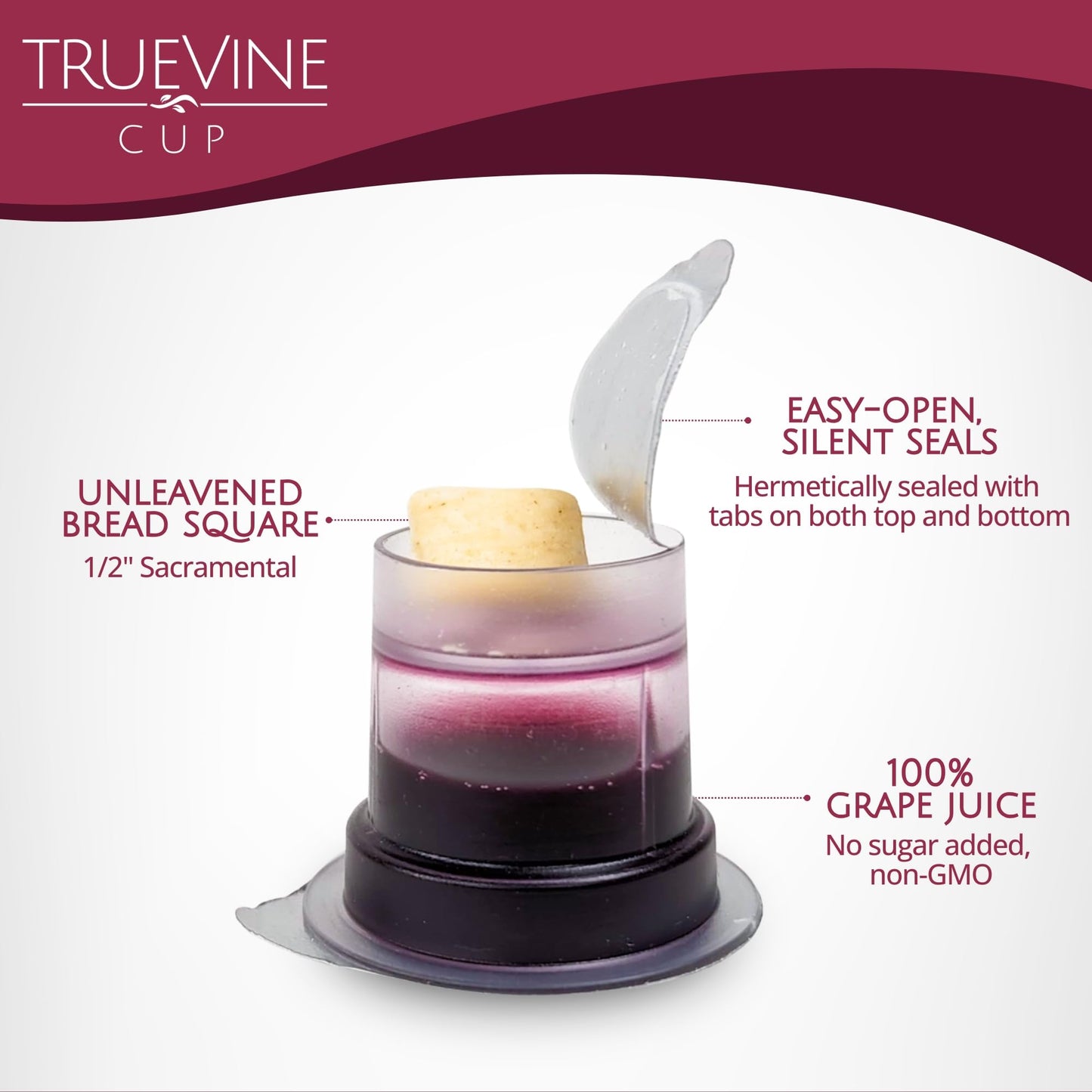 TrueVine Top & Bottom Communion Cups and Wafer Set - Prefilled Cups with Fresh Unleavened Bread & Grape Juice - Carefully Packaged & Easy to Open, Ideal First Communion Favors for Guests (100 Count)