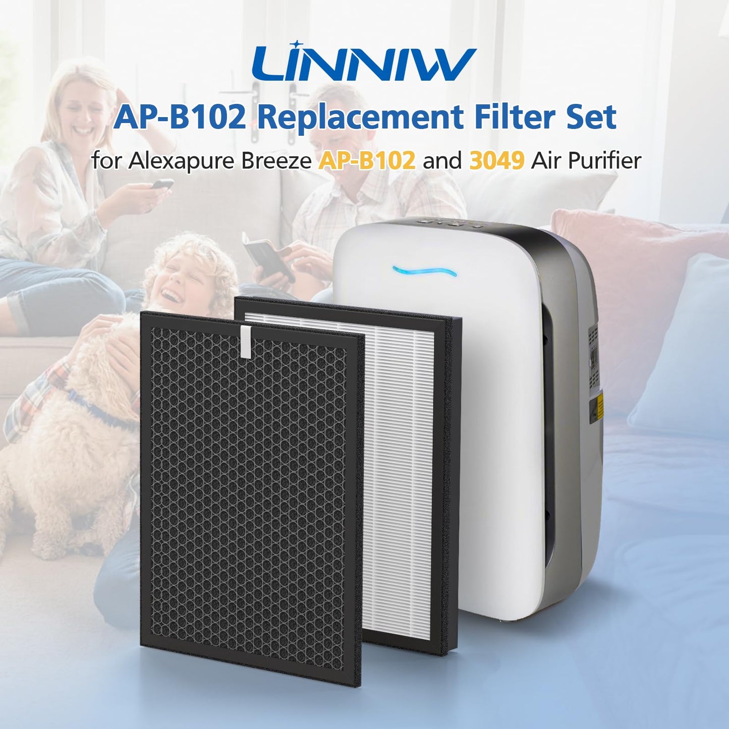 AP-B102 Replacement Filter Set Compatible with Alexapure Breeze AP-B102 and 3049 Air Purifier, 2 HEPA + 2 Carbon Filters, Replaces Part # AP-B103(HEPA Filter) and #AP-B104(Carbon Filter)