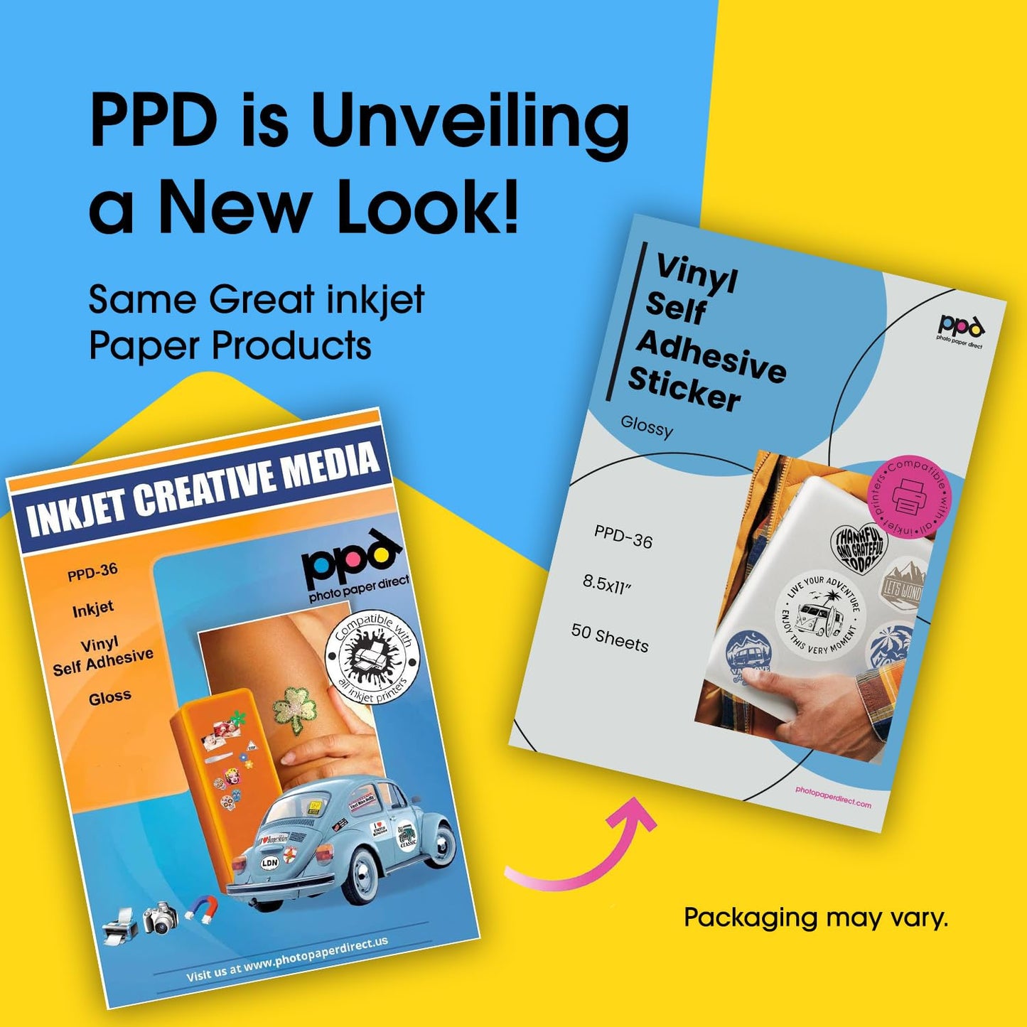 PPD Premium Printable Vinyl Sticker Paper for Inkjet Printer - 50 Sheets Glossy Sticker Paper 8.5 x 11 - Self-Adhesive, Waterproof, Tear Resistant, Instant Dry - PPD-36-50